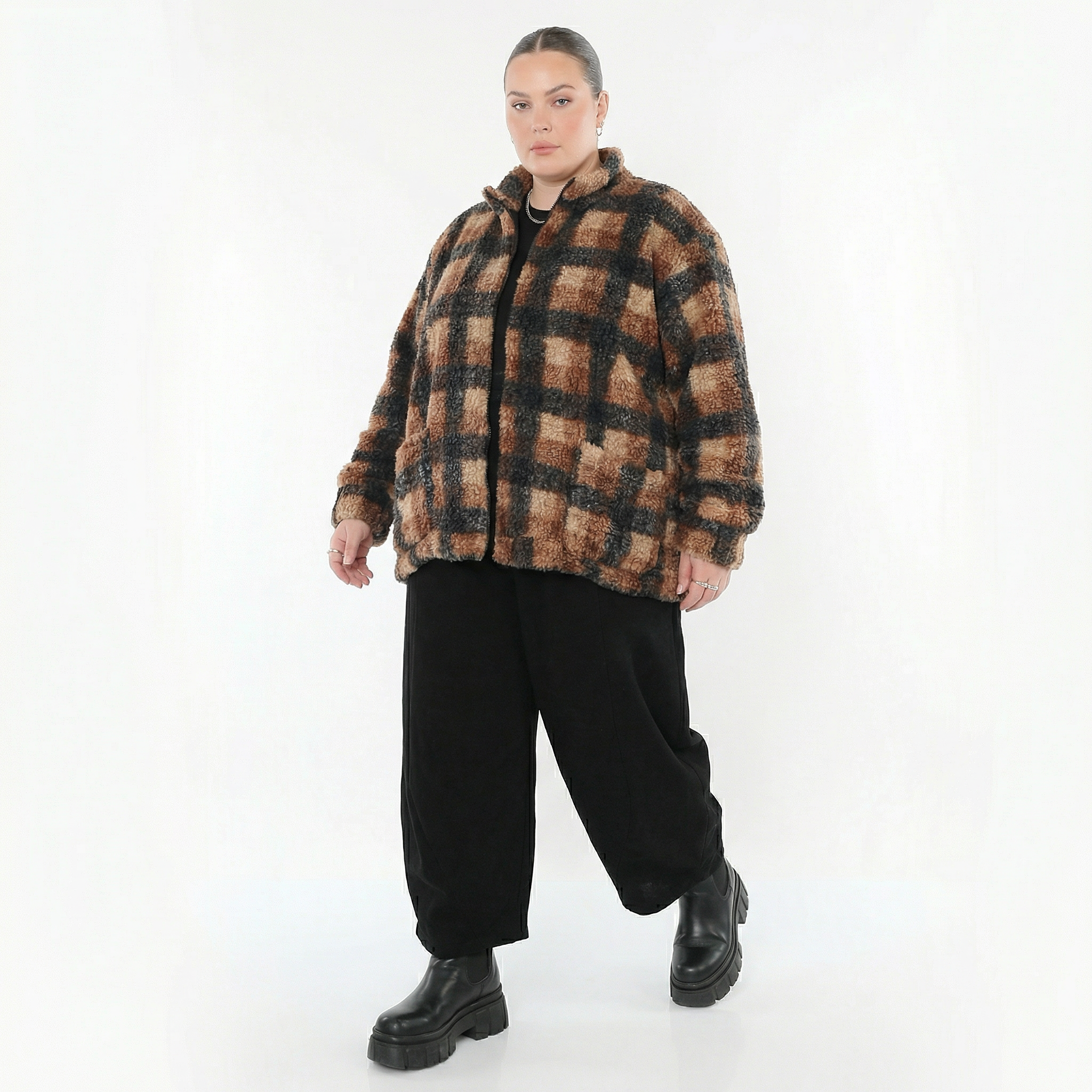 AKH Fashion Jacke in kastiger Form, aus Polyester, 1535.07017, Cognac/Beige/Grau, Kariert