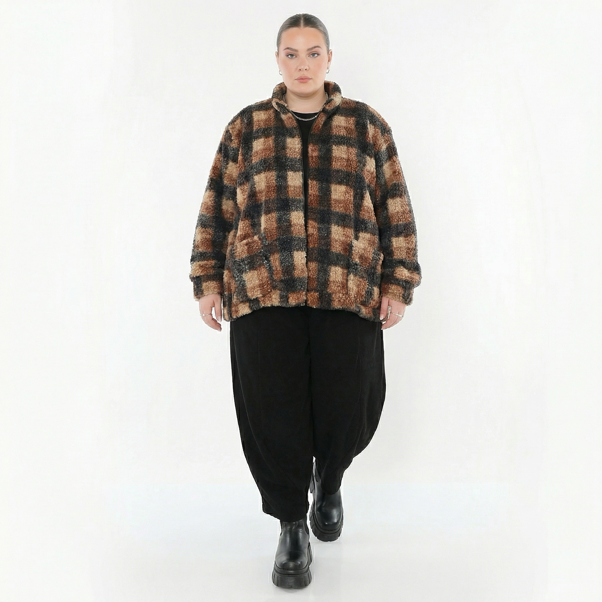 AKH Fashion Jacke in kastiger Form, aus Polyester, 1535.07017, Cognac/Beige/Grau, Kariert
