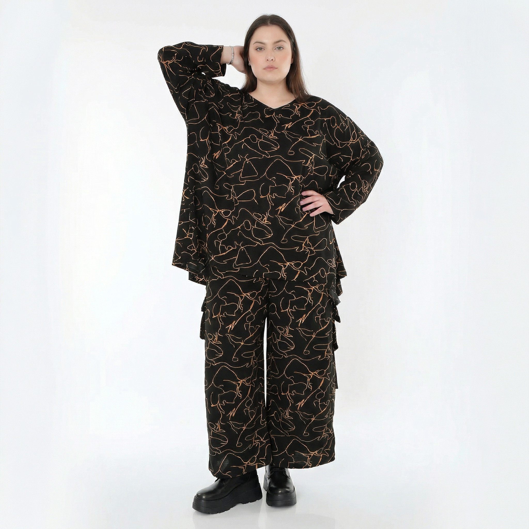  Ballonhose von AKH Fashion aus Viskose, 1545.07125, Schwarz/Orange, Kringel, Ausgefallen