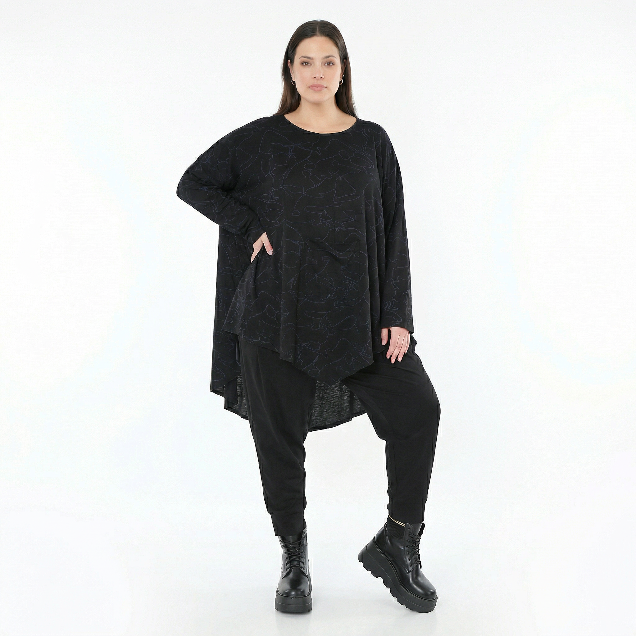  A-Form Bigshirt von AKH Fashion aus Viskose, 1545.07138, Schwarz/Blau, Kringel, Ausgefallen