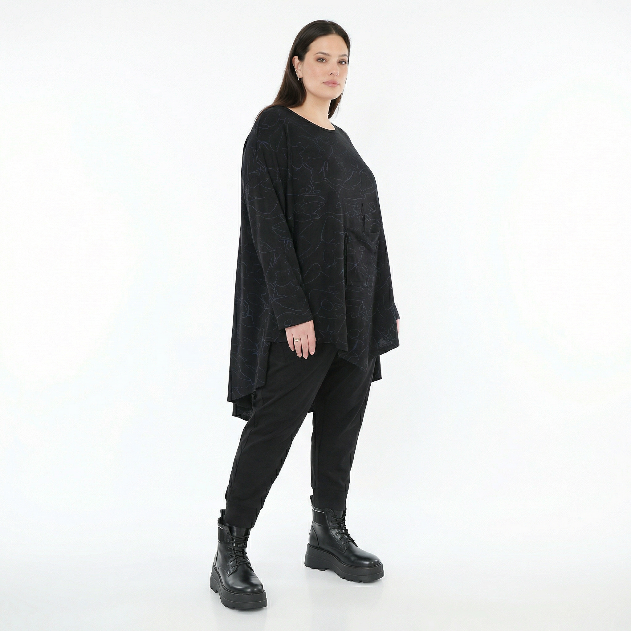  A-Form Bigshirt von AKH Fashion aus Viskose, 1545.07138, Schwarz/Blau, Kringel, Ausgefallen