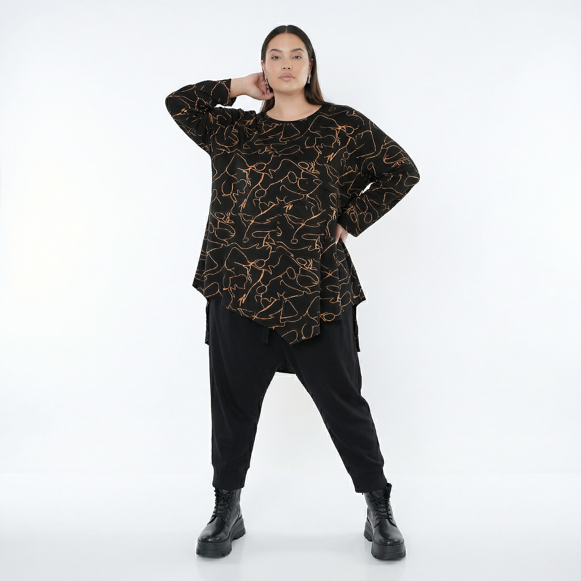  A-Form Bigshirt von AKH Fashion aus Viskose, 1545.07138, Schwarz/Orange, Kringel, Schick