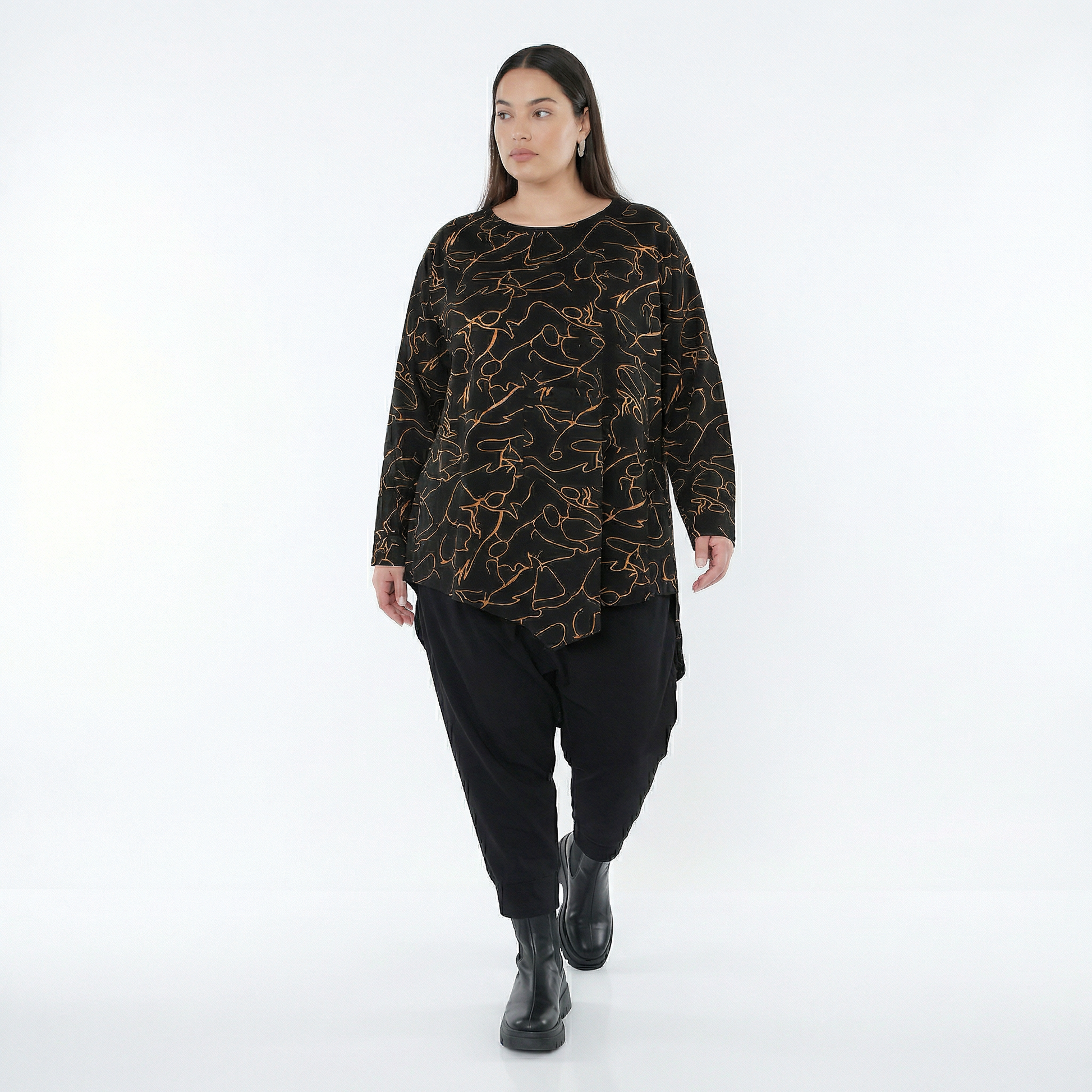  A-Form Bigshirt von AKH Fashion aus Viskose, 1545.07138, Schwarz/Orange, Kringel, Schick