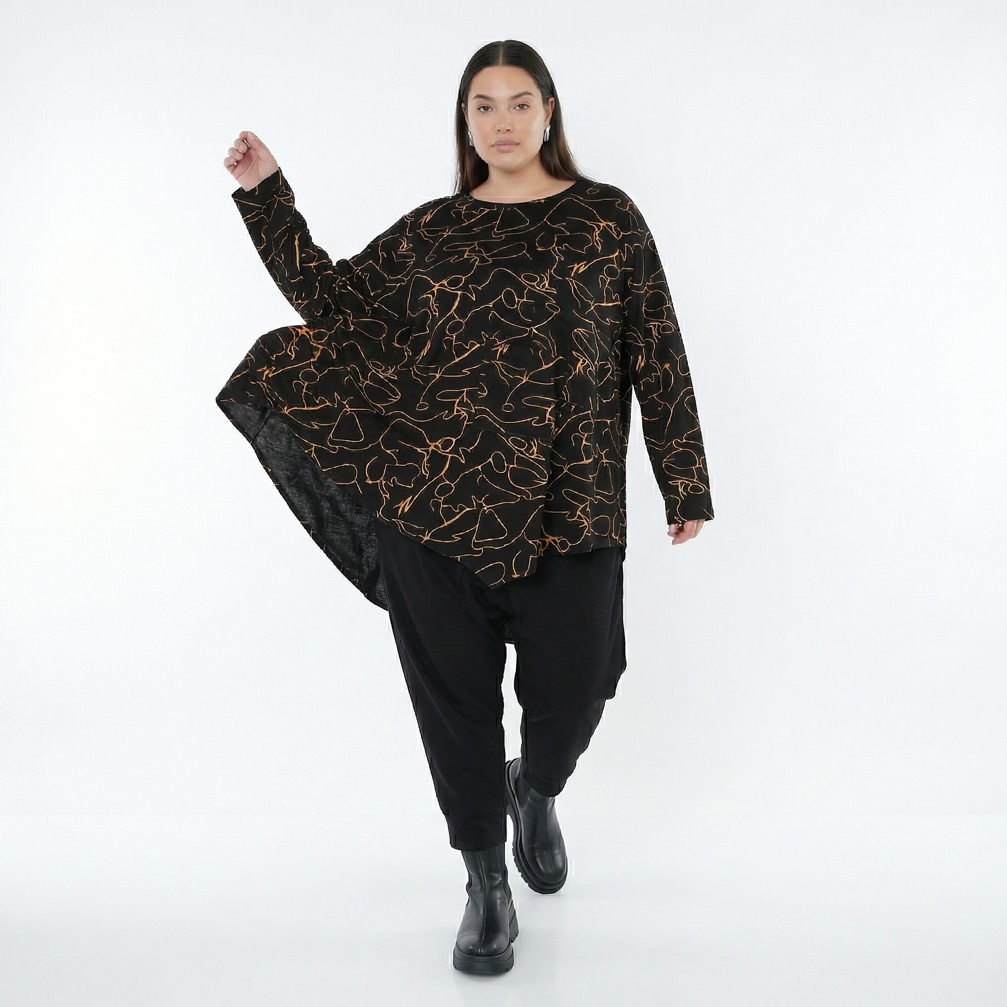  A-Form Bigshirt von AKH Fashion aus Viskose, 1545.07138, Schwarz/Orange, Kringel, Schick