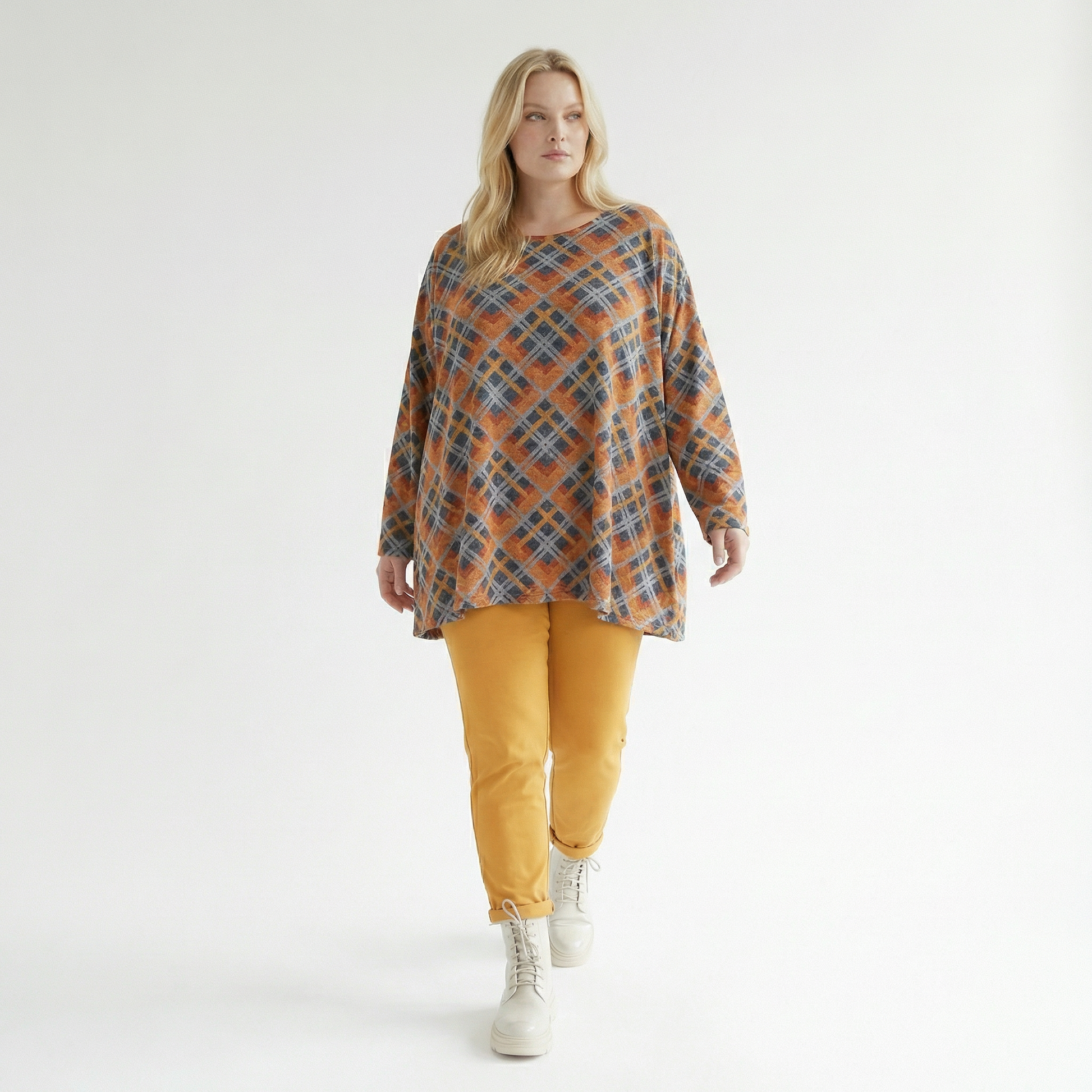  A-Form Bigshirt von AKH Fashion aus Materialmix, 1549.00593, Orange/Blau/Grau, Kariert