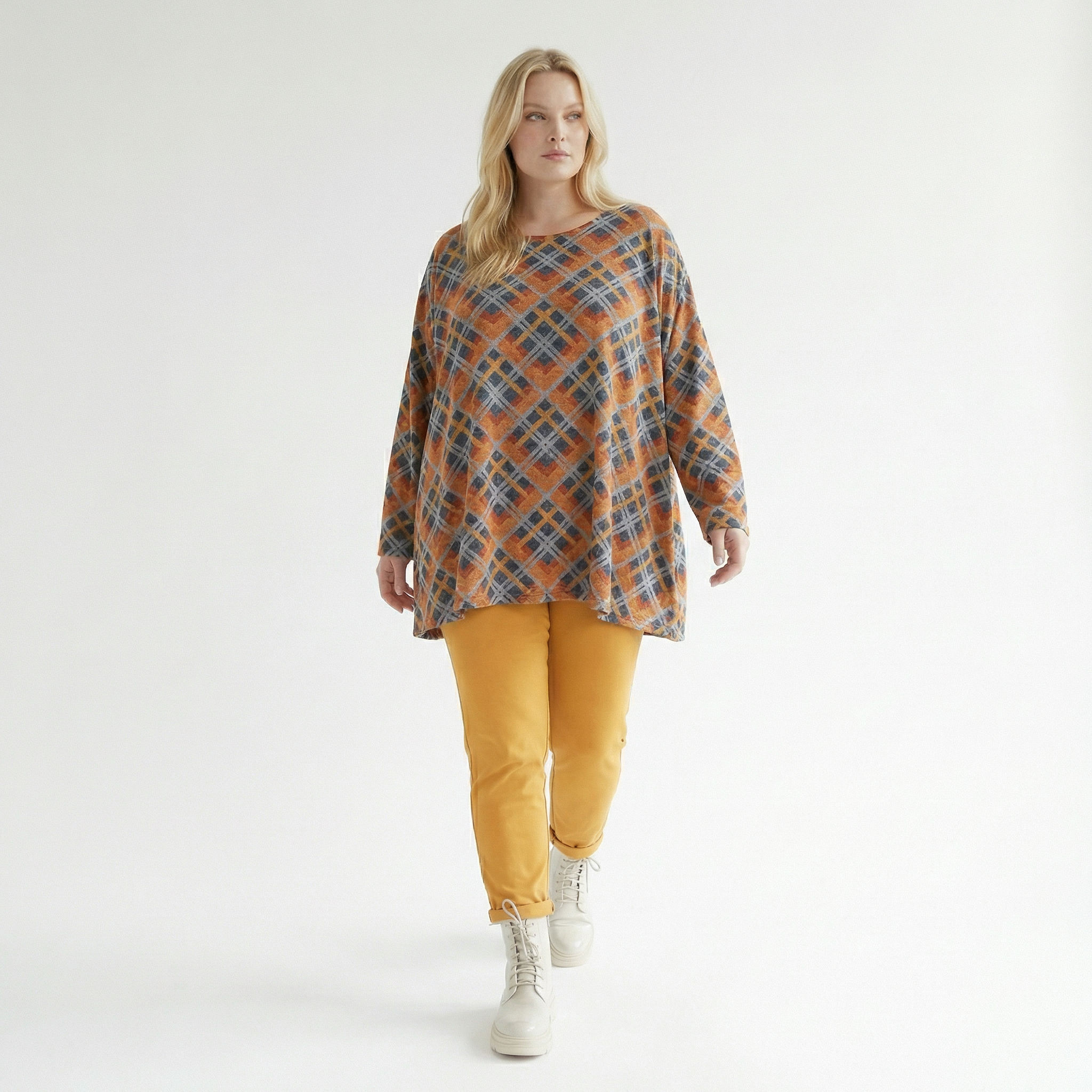  A-Form Bigshirt von AKH Fashion aus Materialmix, 1549.00593, Orange/Blau/Grau, Kariert