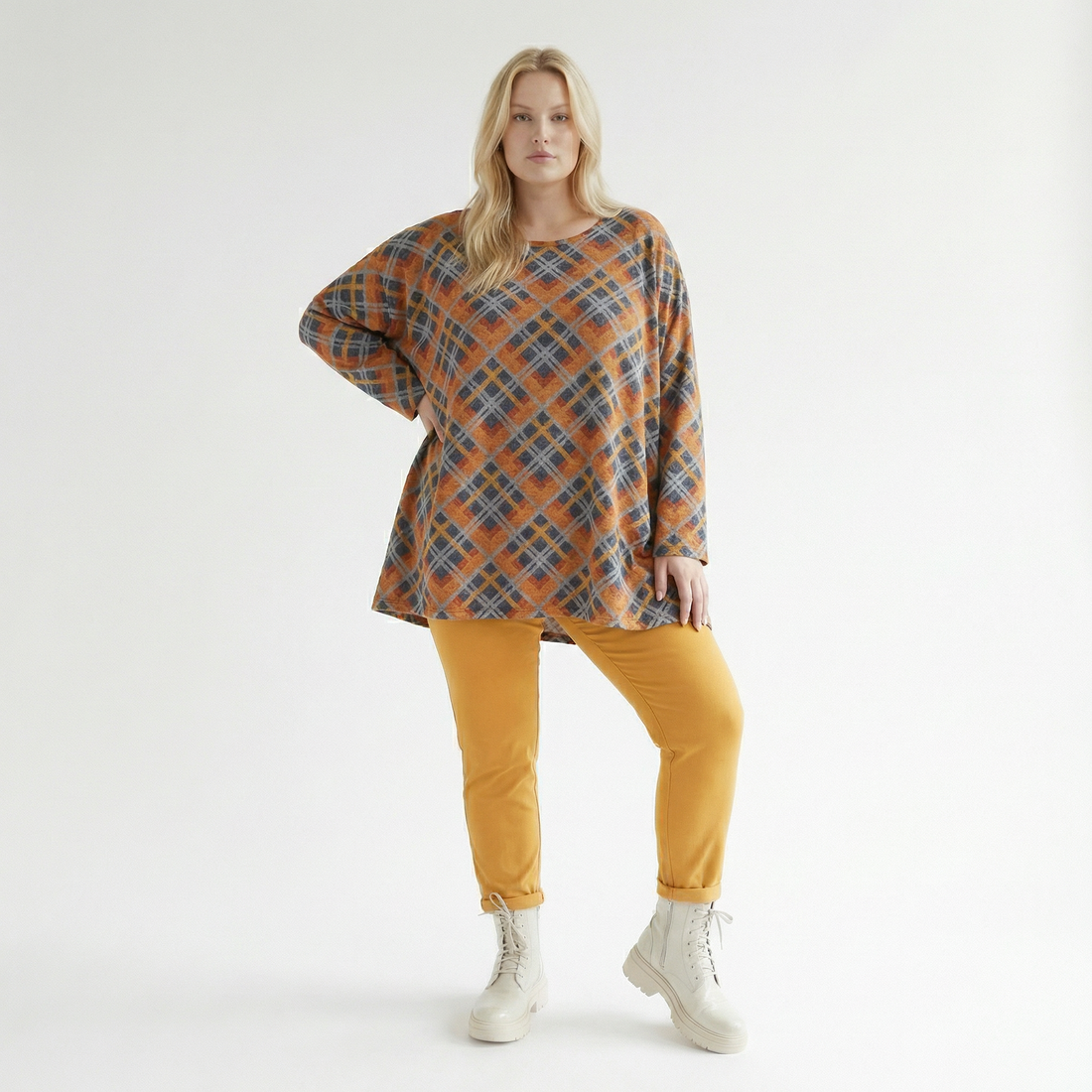  A-Form Bigshirt von AKH Fashion aus Materialmix, 1549.00593, Orange/Blau/Grau, Kariert