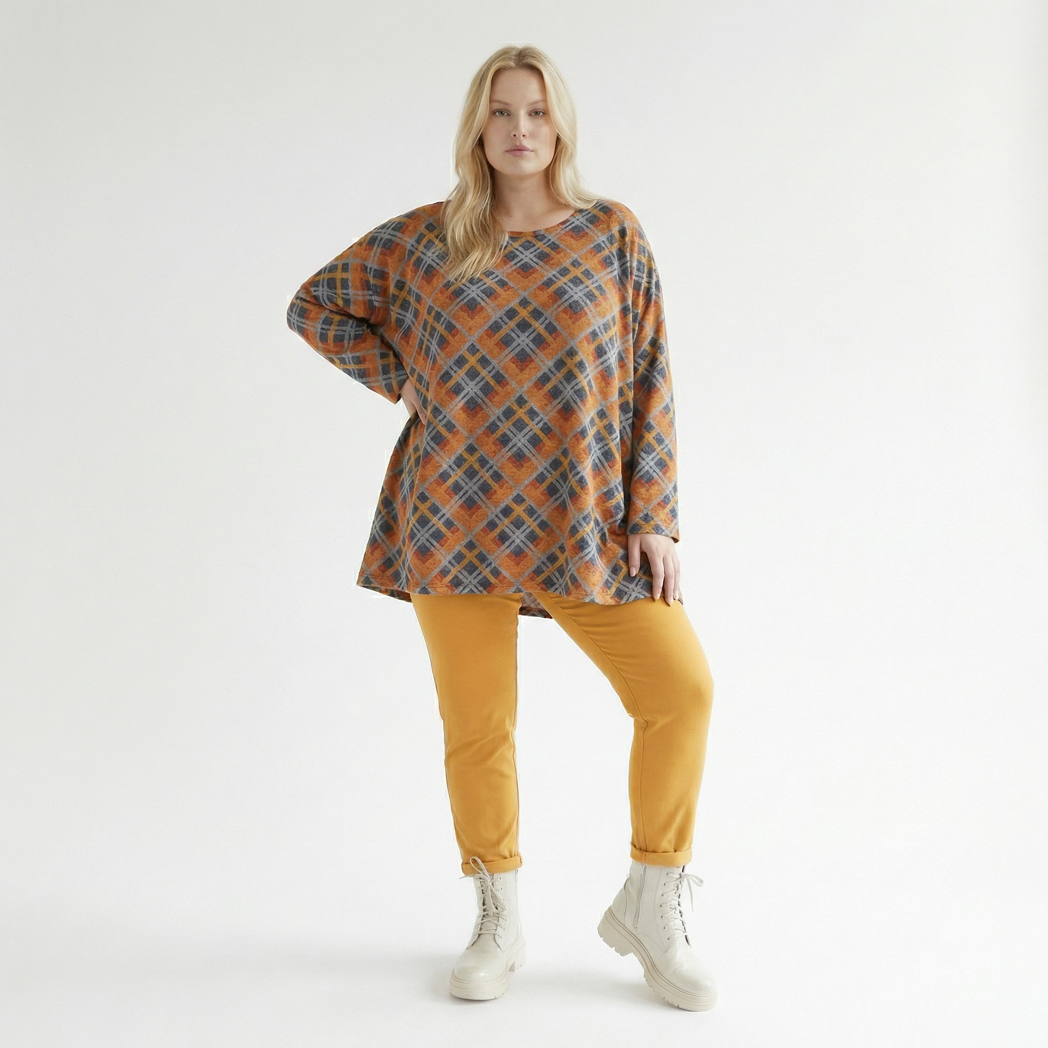  A-Form Bigshirt von AKH Fashion aus Materialmix, 1549.00593, Orange/Blau/Grau, Kariert