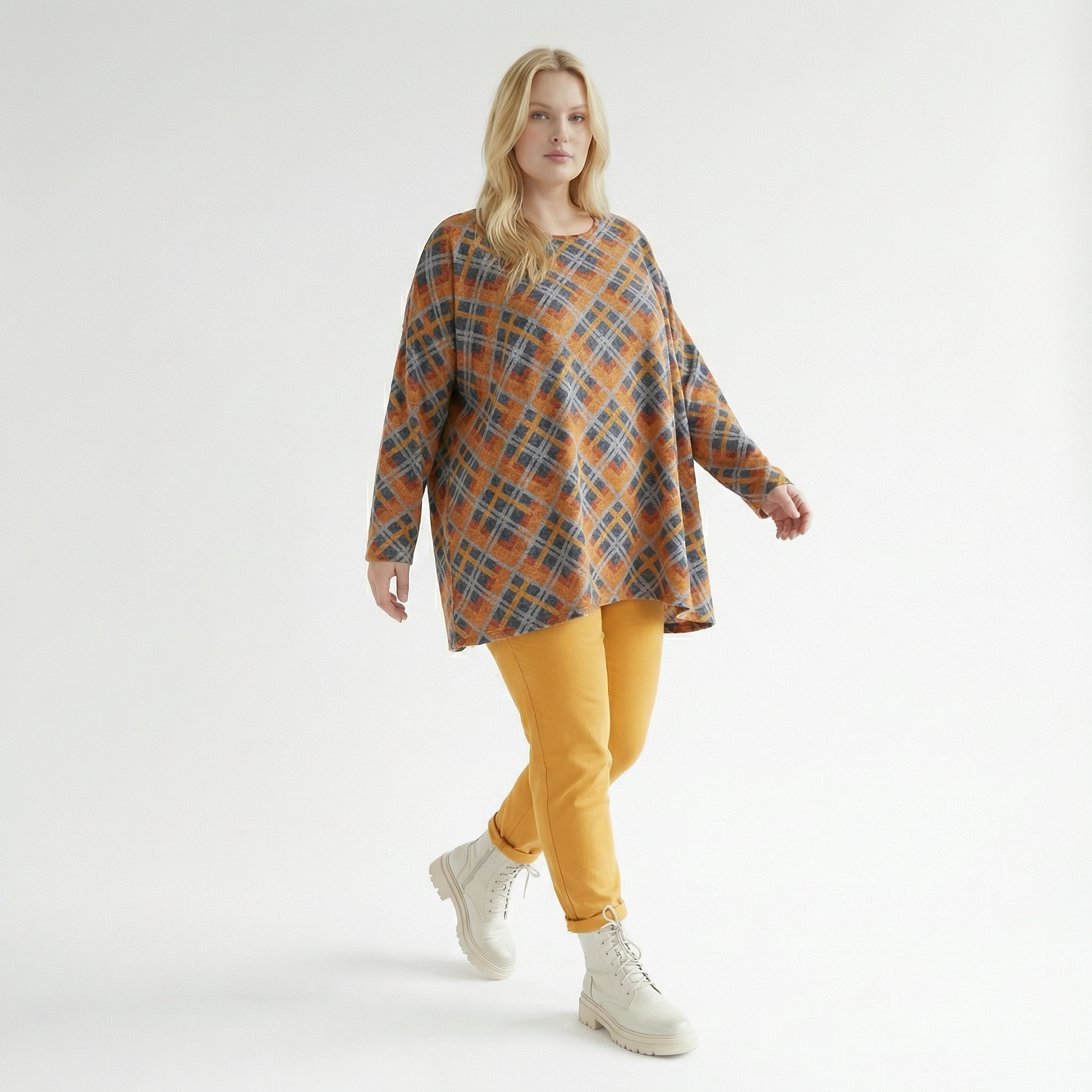  A-Form Bigshirt von AKH Fashion aus Materialmix, 1549.00593, Orange/Blau/Grau, Kariert