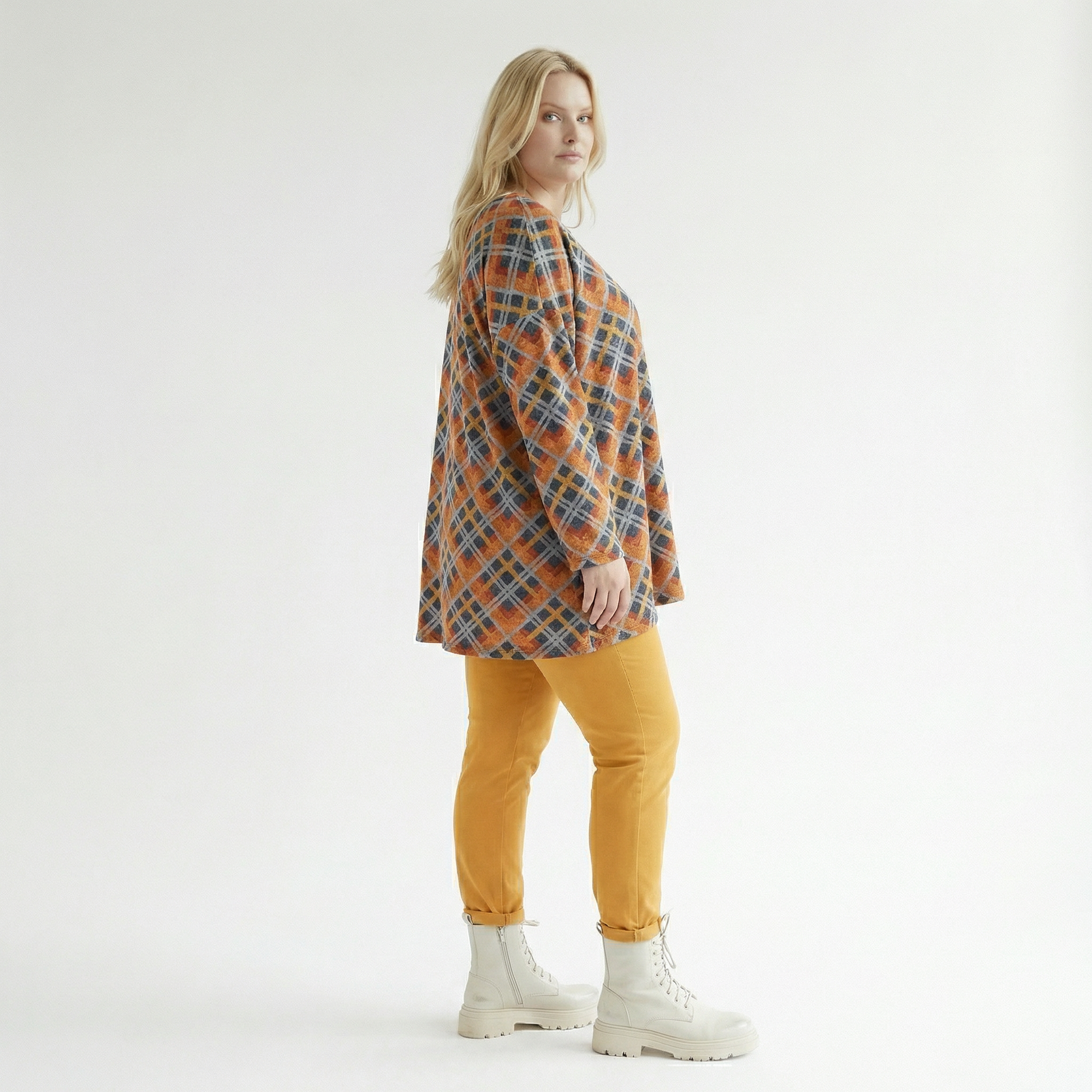  A-Form Bigshirt von AKH Fashion aus Materialmix, 1549.00593, Orange/Blau/Grau, Kariert