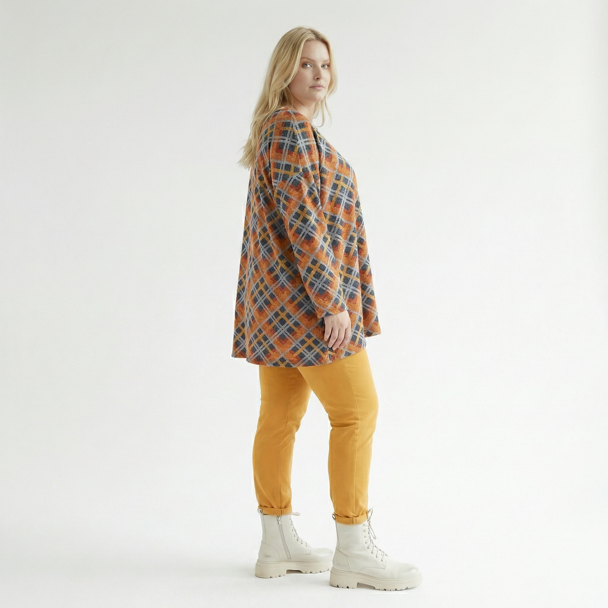  A-Form Bigshirt von AKH Fashion aus Materialmix, 1549.00593, Orange/Blau/Grau, Kariert