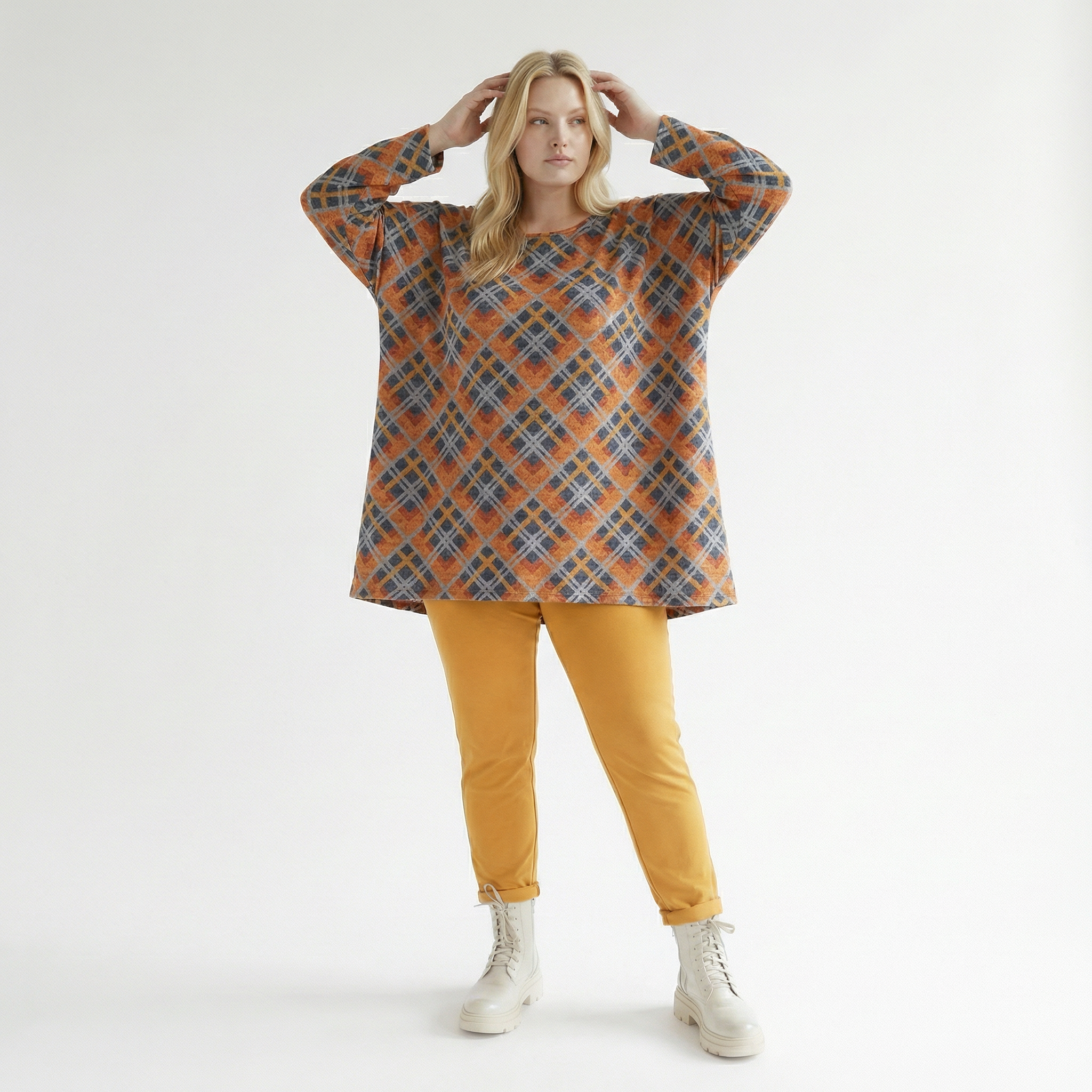  A-Form Bigshirt von AKH Fashion aus Materialmix, 1549.00593, Orange/Blau/Grau, Kariert