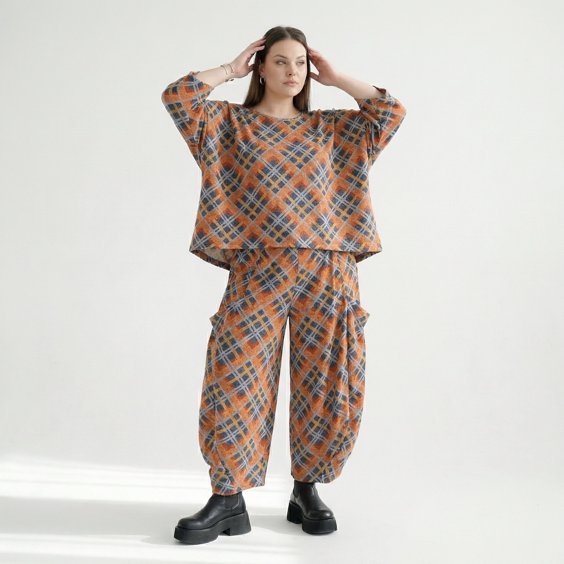  Ballonhose von AKH Fashion aus Materialmix, 1549.08069, Orange/Blau/Grau, Kariert, Schick