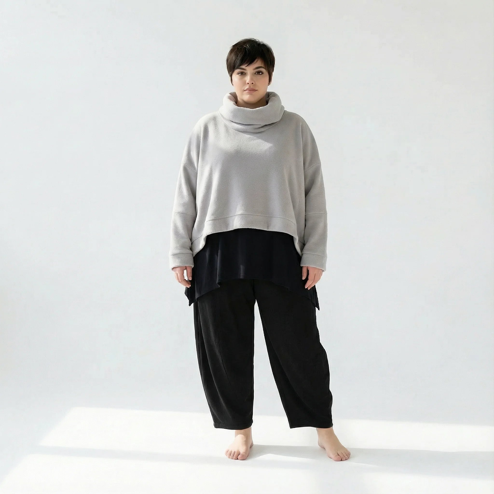  AKH Fashion Überwurf in kastiger Form, aus Materialmix, 1552.7011R, Hellgrau, Ausgefallen