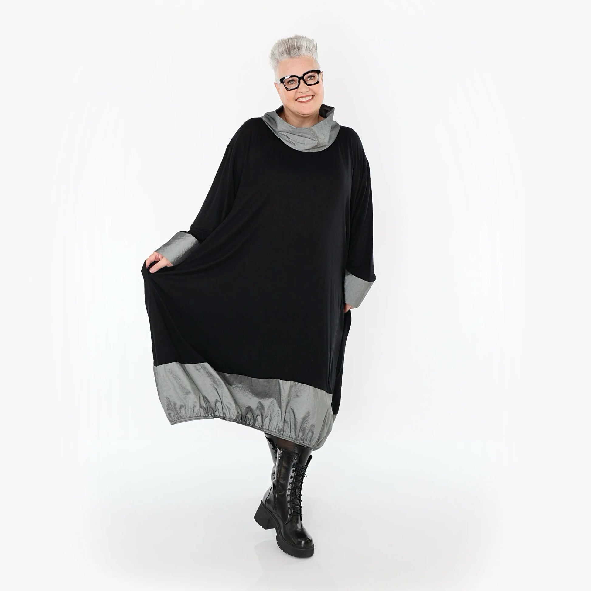  Ballonkleid von AKH Premium aus Viskose, P107156, Schwarz/Grau, Ausgefallen, Zeitlos