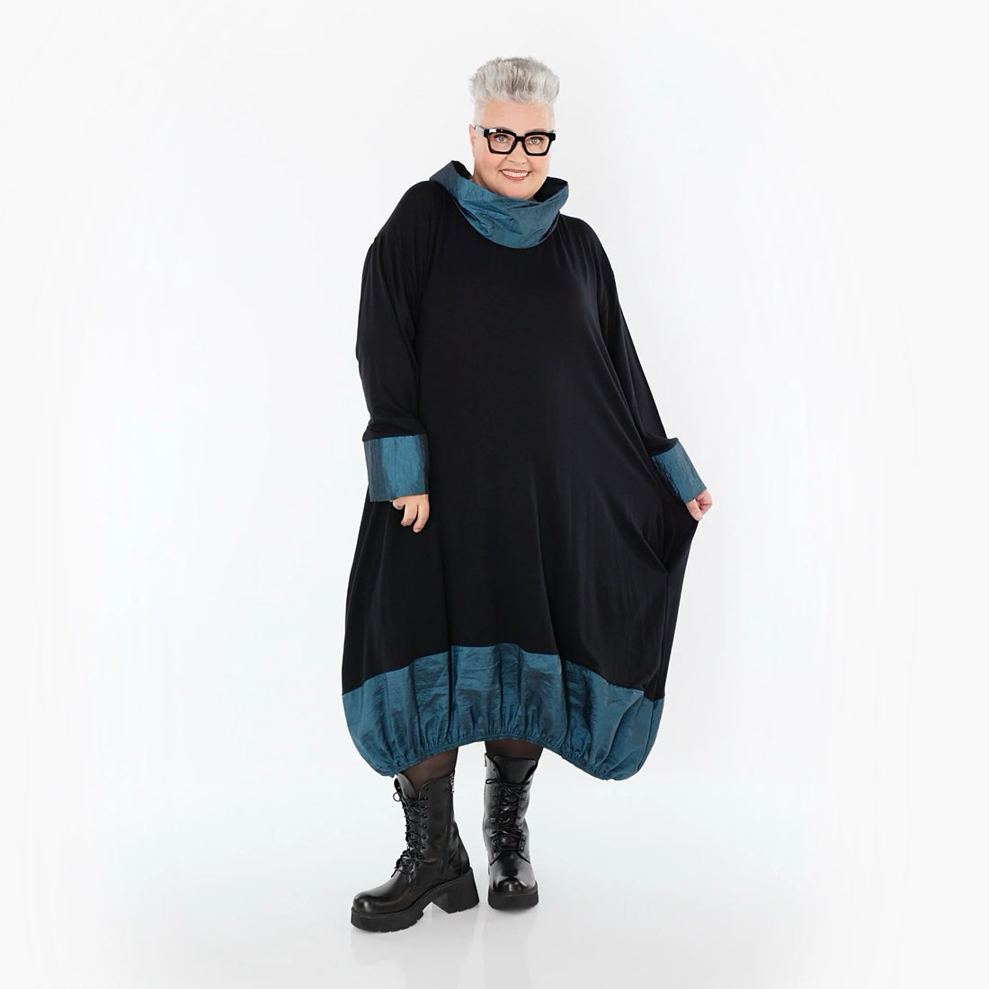  Ballonkleid von AKH Premium aus Viskose, P107156, Schwarz/Petrol, Ausgefallen, Zeitlos