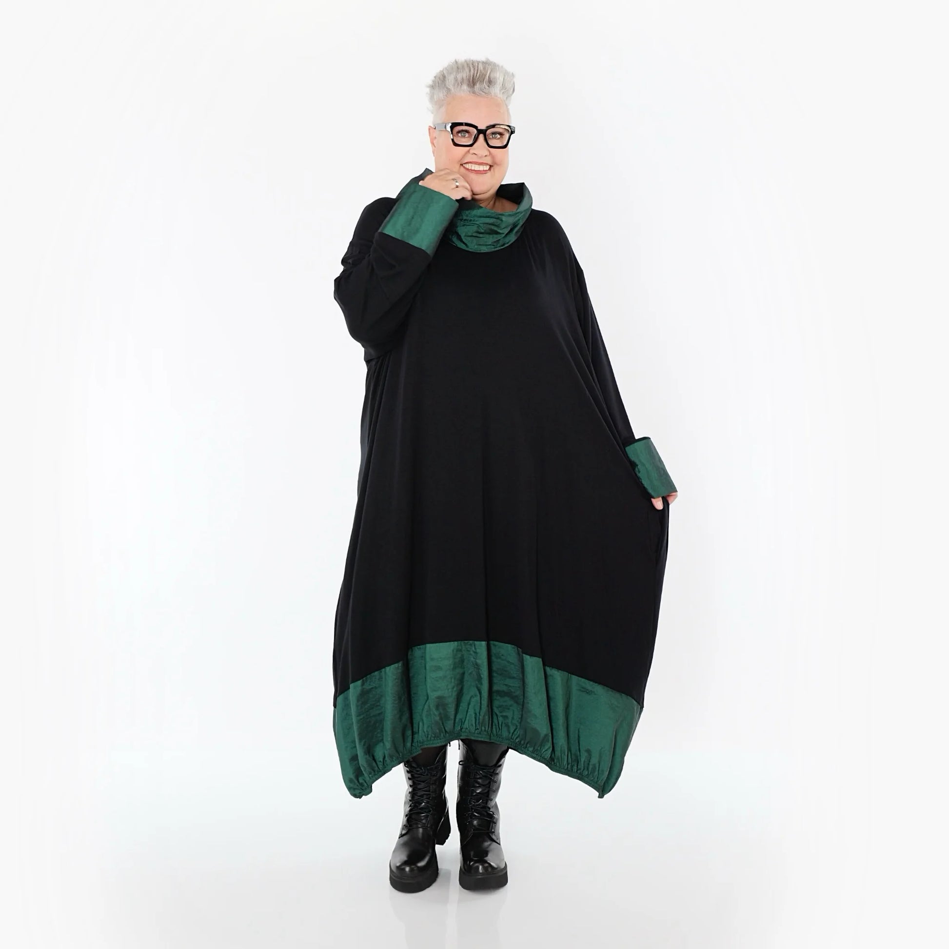  Ballonkleid von AKH Premium aus Viskose, P107156, Schwarz/Smaragd, Ausgefallen, Zeitlos