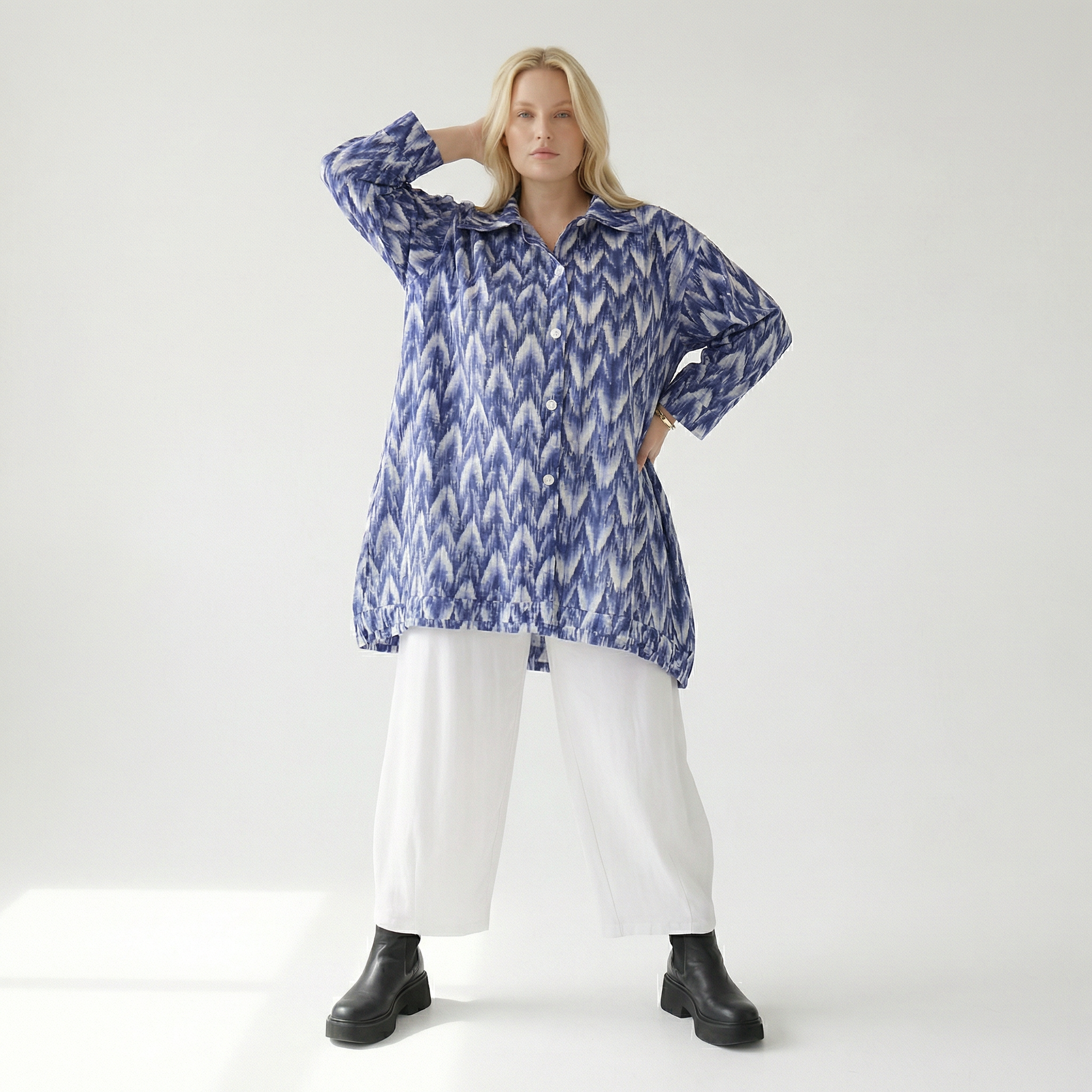  A-Form Bluse von AKH Fashion aus Baumwolle, 1504.07010, Blau/Weiß/Silber, ZickZack, Schick