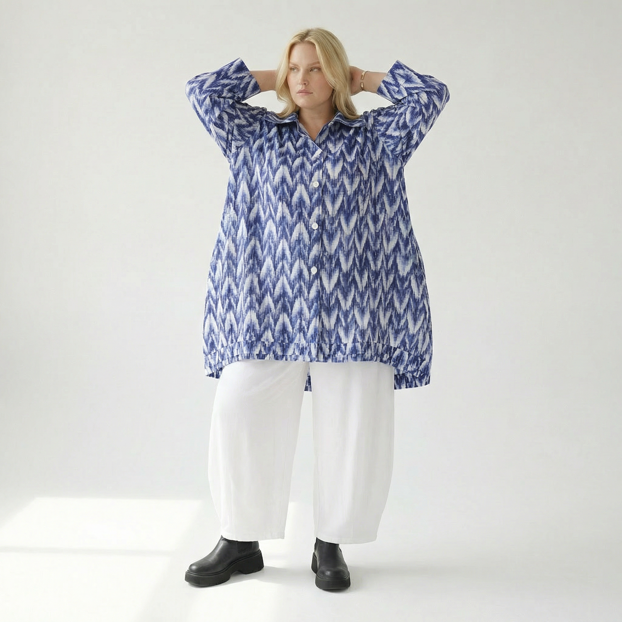  A-Form Bluse von AKH Fashion aus Baumwolle, 1504.07010, Blau/Weiß/Silber, ZickZack, Schick