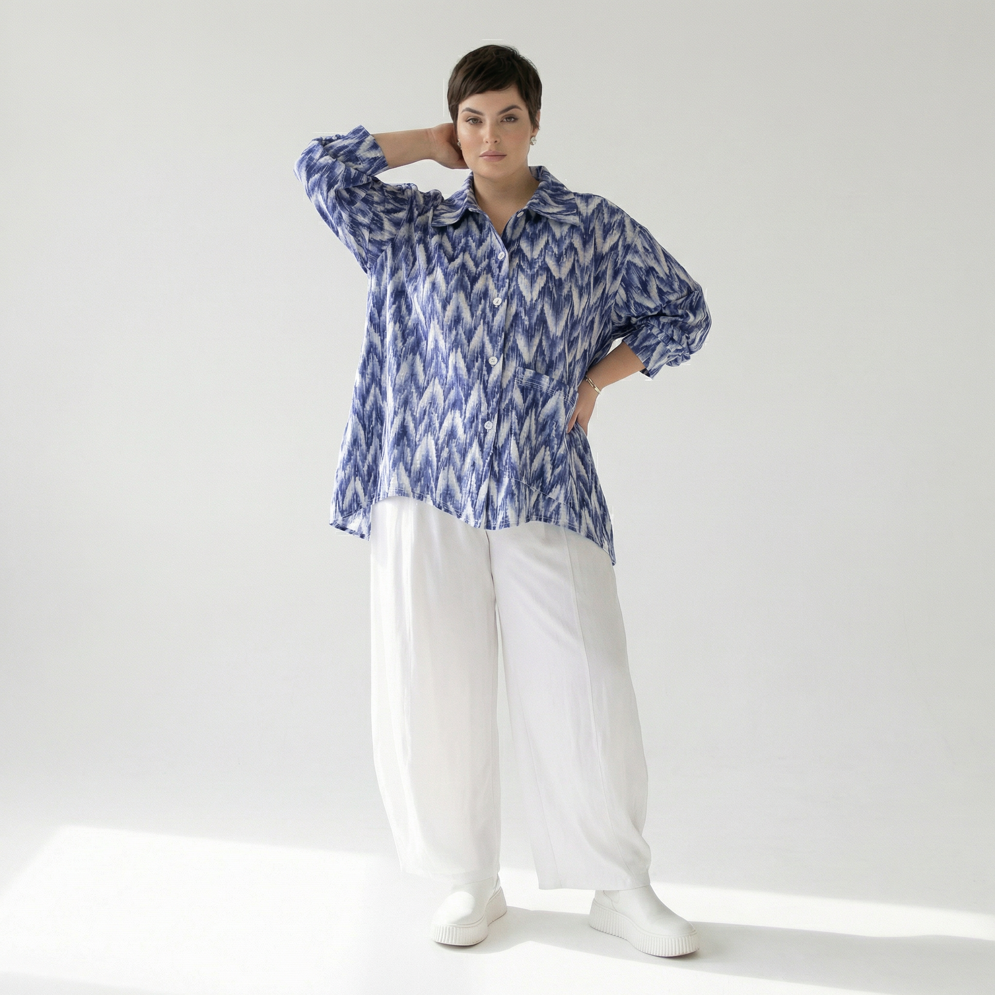  A-Form Bluse von AKH Fashion aus Baumwolle, 1504.07095, Blau/Weiß/Silber, ZickZack, Schick