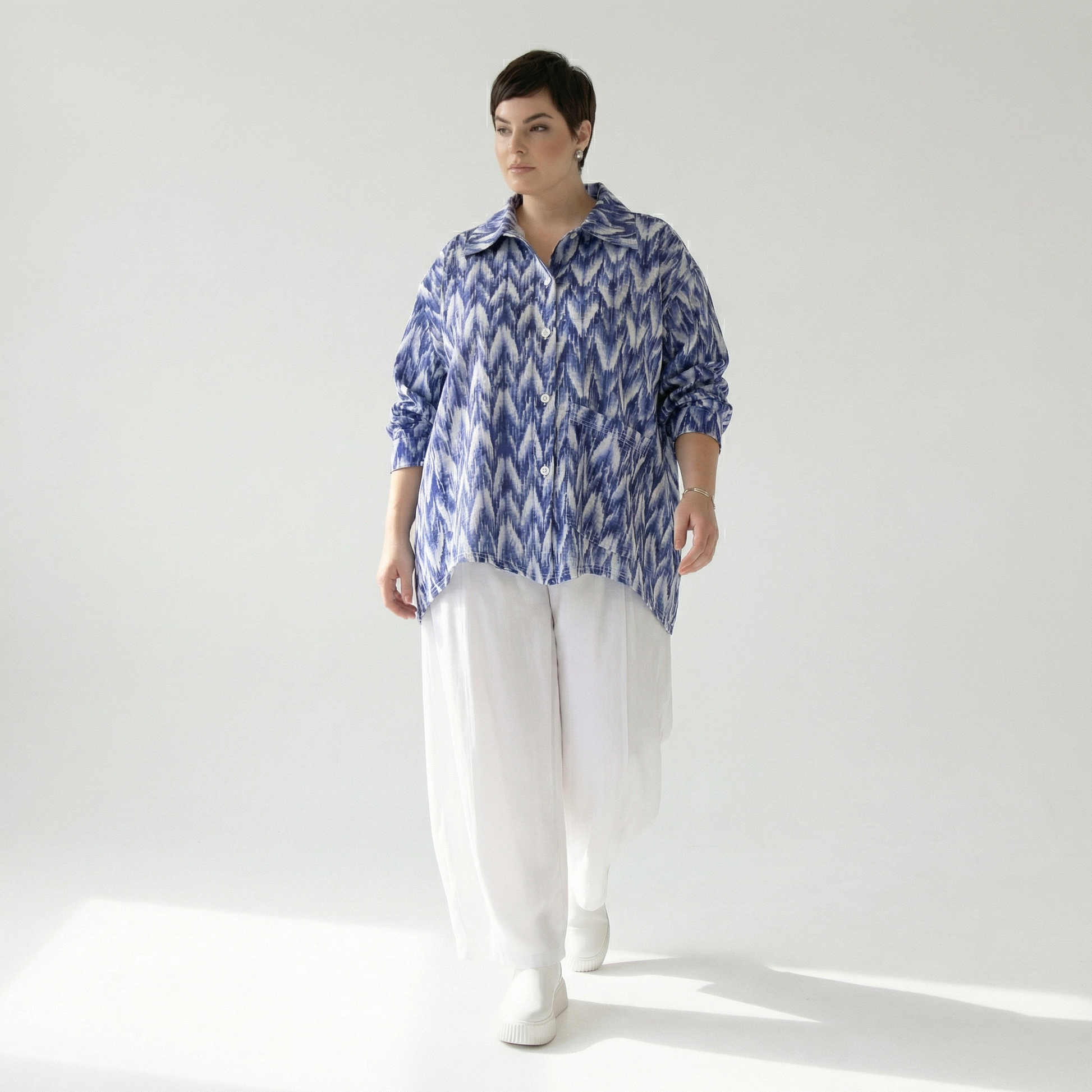  A-Form Bluse von AKH Fashion aus Baumwolle, 1504.07095, Blau/Weiß/Silber, ZickZack, Schick