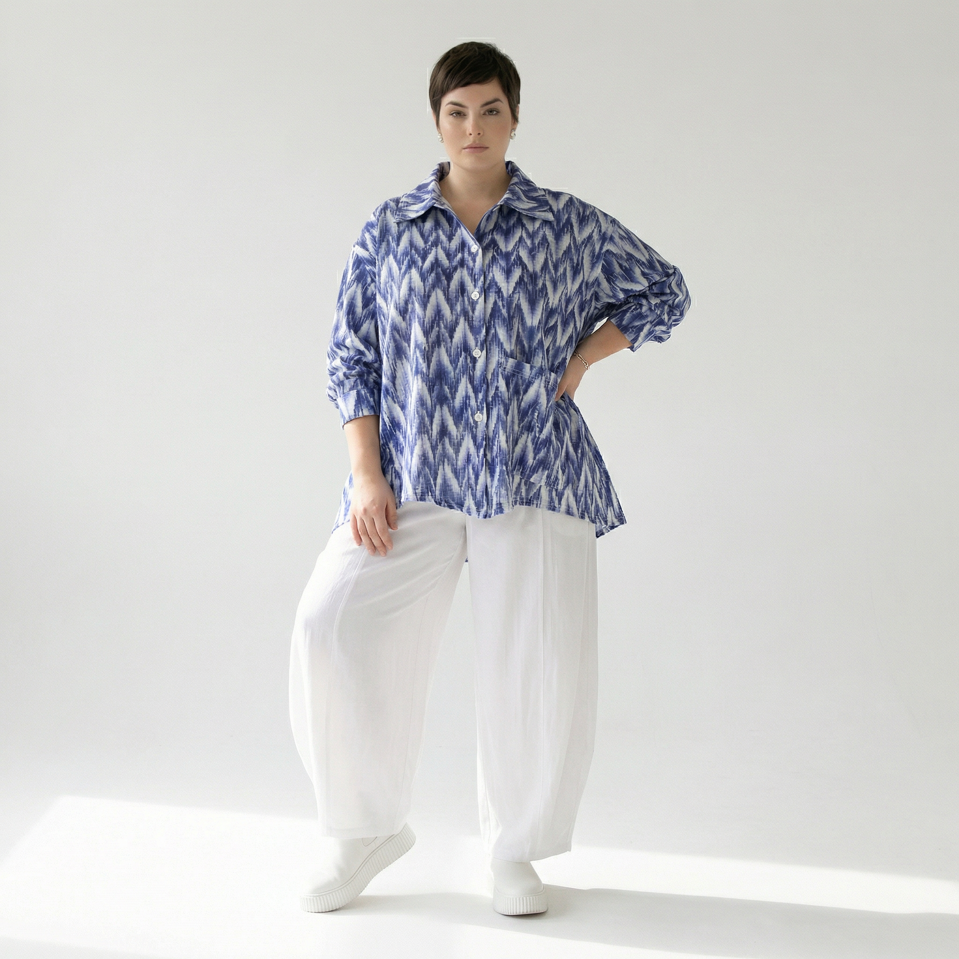  A-Form Bluse von AKH Fashion aus Baumwolle, 1504.07095, Blau/Weiß/Silber, ZickZack, Schick