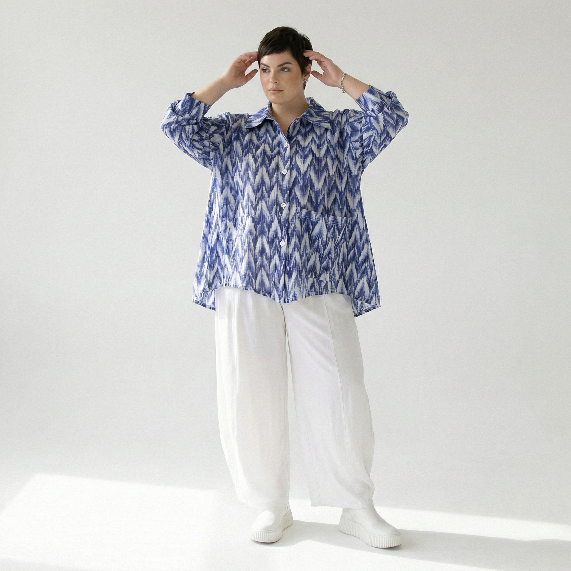  A-Form Bluse von AKH Fashion aus Baumwolle, 1504.07095, Blau/Weiß/Silber, ZickZack, Schick