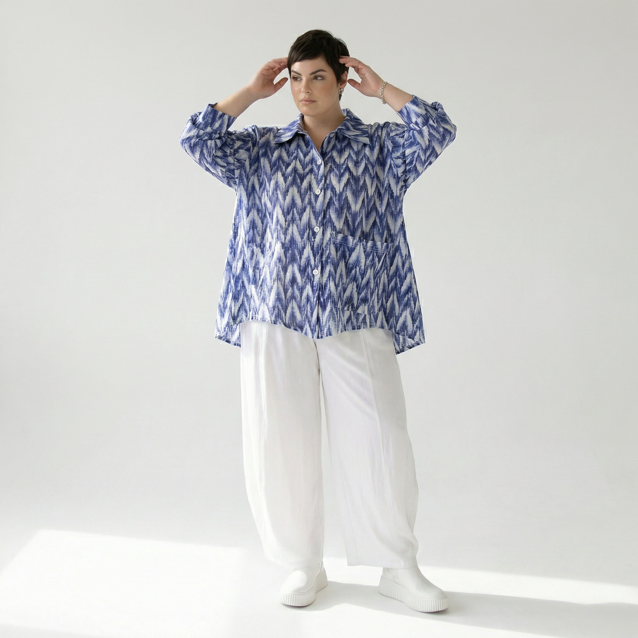  A-Form Bluse von AKH Fashion aus Baumwolle, 1504.07095, Blau/Weiß/Silber, ZickZack, Schick