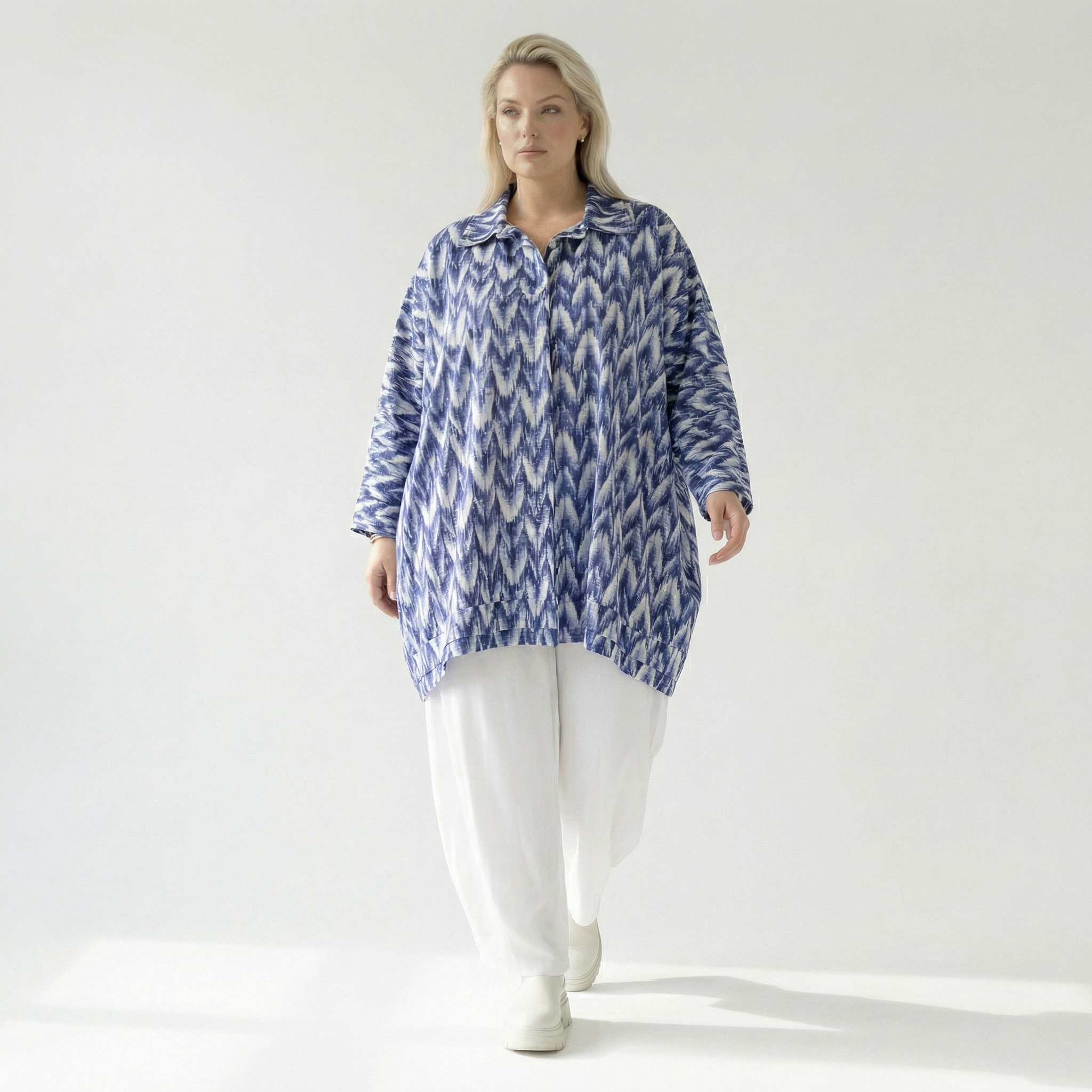  A-Form Bluse von AKH Fashion aus Baumwolle, 1504.07110, Blau/Weiß/Silber, ZickZack, Schick