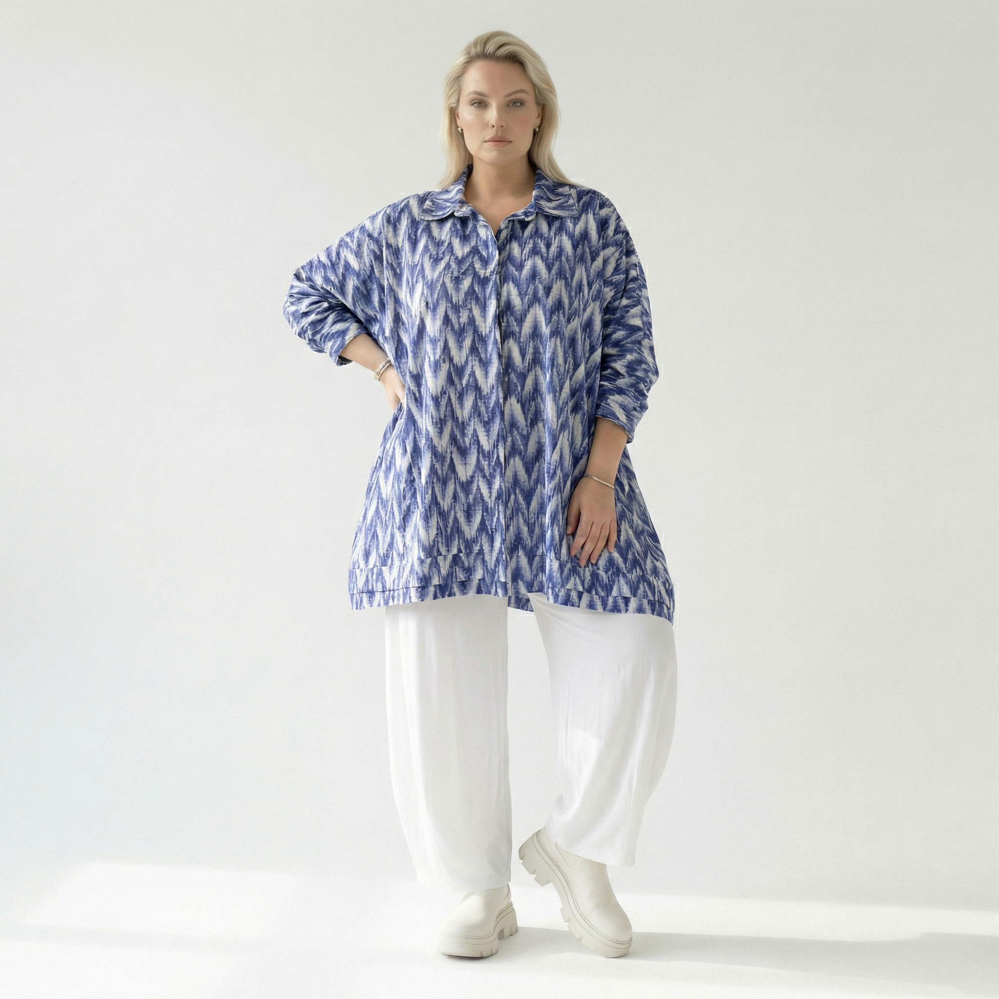  A-Form Bluse von AKH Fashion aus Baumwolle, 1504.07110, Blau/Weiß/Silber, ZickZack, Schick