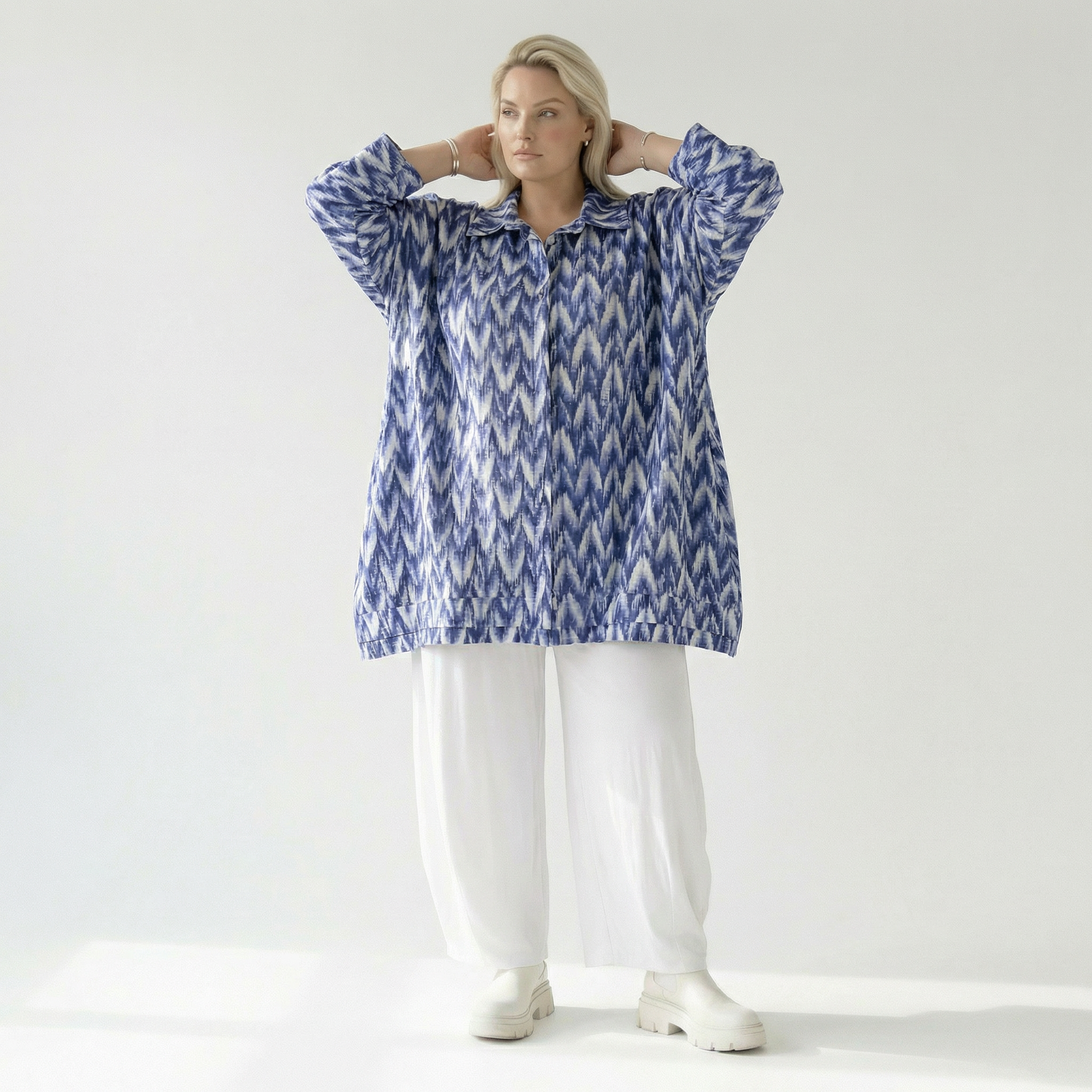  A-Form Bluse von AKH Fashion aus Baumwolle, 1504.07110, Blau/Weiß/Silber, ZickZack, Schick