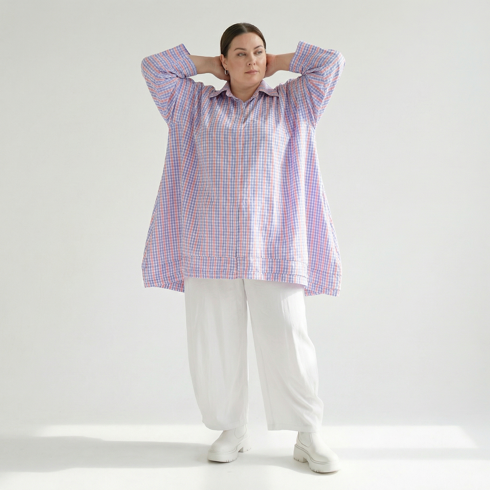  A-Form Bluse von AKH Fashion aus Baumwolle, 1505.07110, Blau/Weiß/Pink, Vichy-Karo, Schick