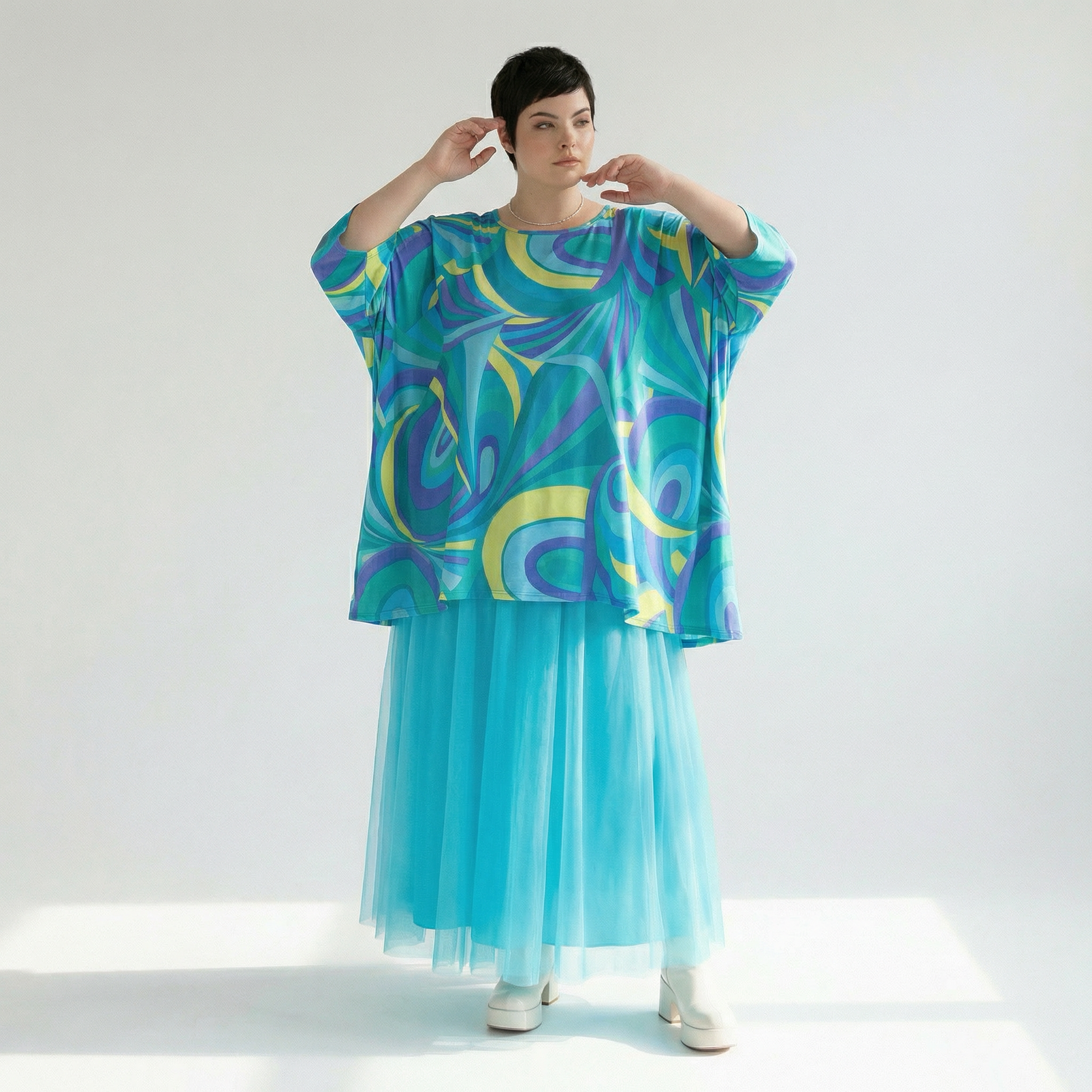  A-Form Bigshirt von AKH Fashion aus Baumwolle, 1508.00593, Grün/Multi, Abstrakt, Ausgefallen