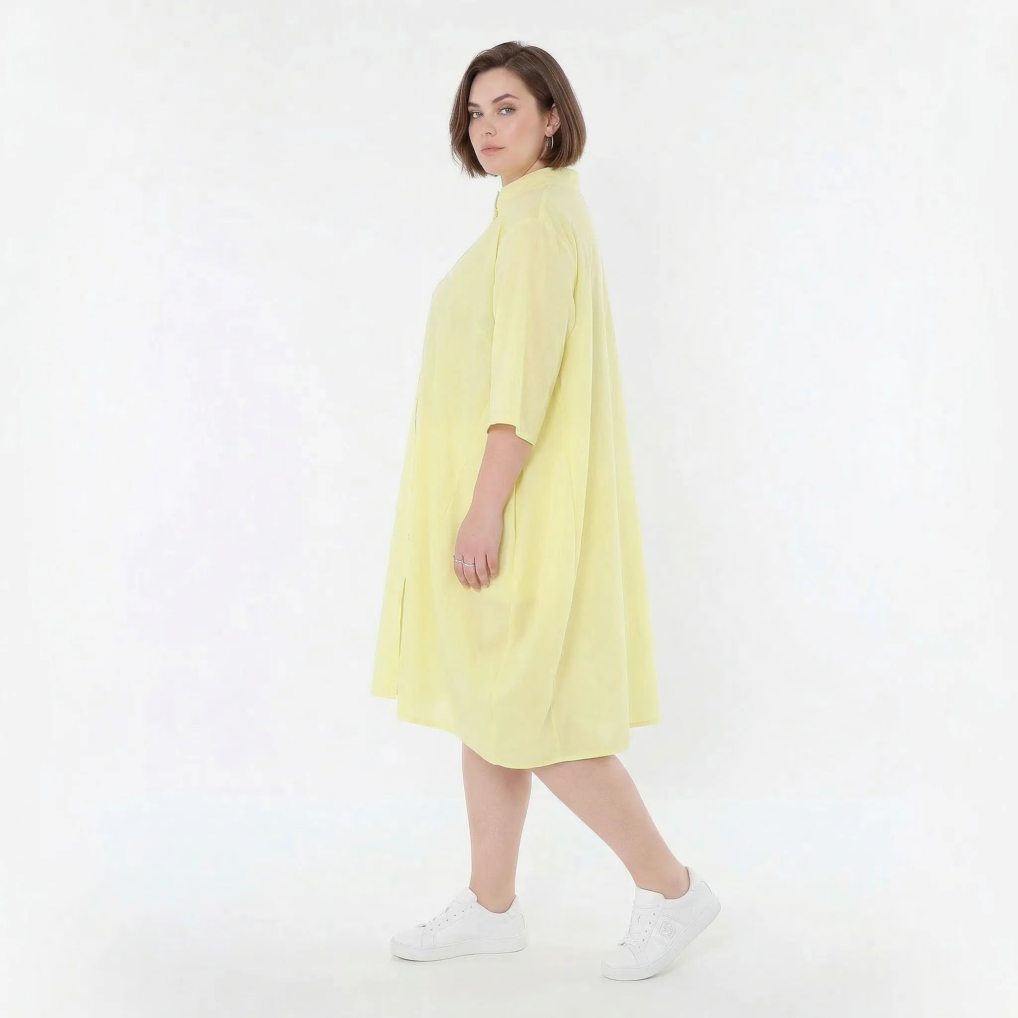 Luftige Oversize Bluse im ausgefallenen Ballon Lagenlook aus feiner Popeline mit Stehkragen, Gelb