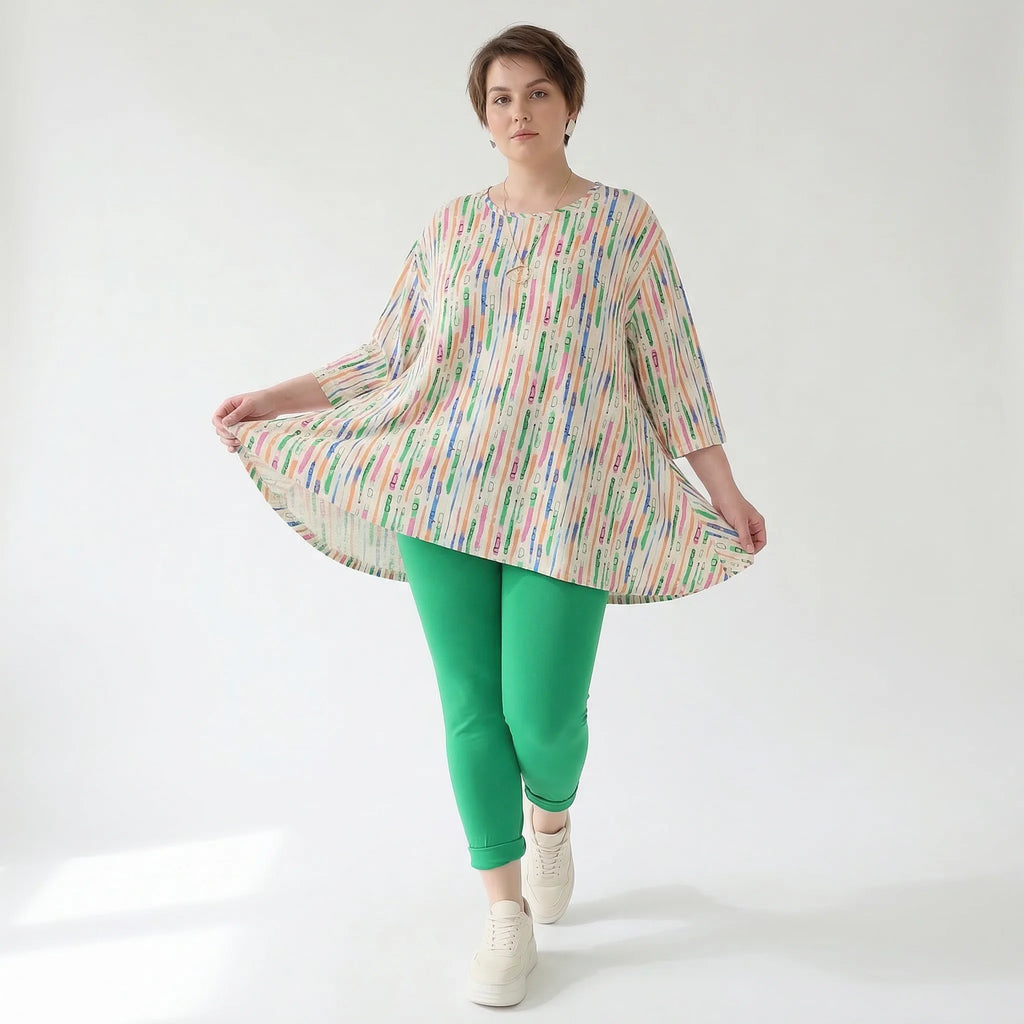 Ausgefallenes Glockenshirt aus feinem Jersey im zeitlosen Lagenlook mit weichem Stretch, Ecru/Fuchsia/Multi