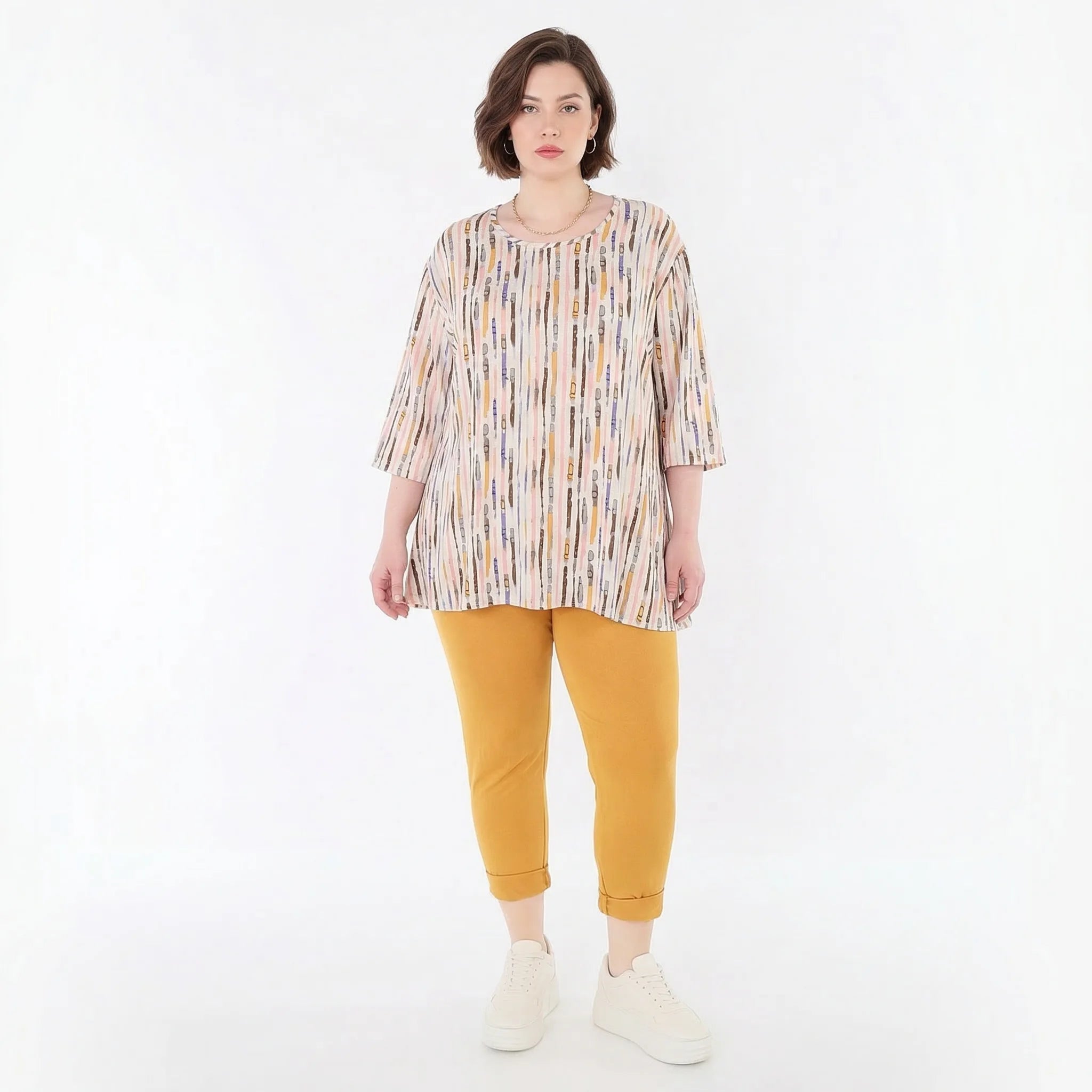 Zeitlos stilvolles Glockenform Shirt aus fein weichem Jersey für legeren Oversize Lagenlook, Ecru/Rosa/Multi