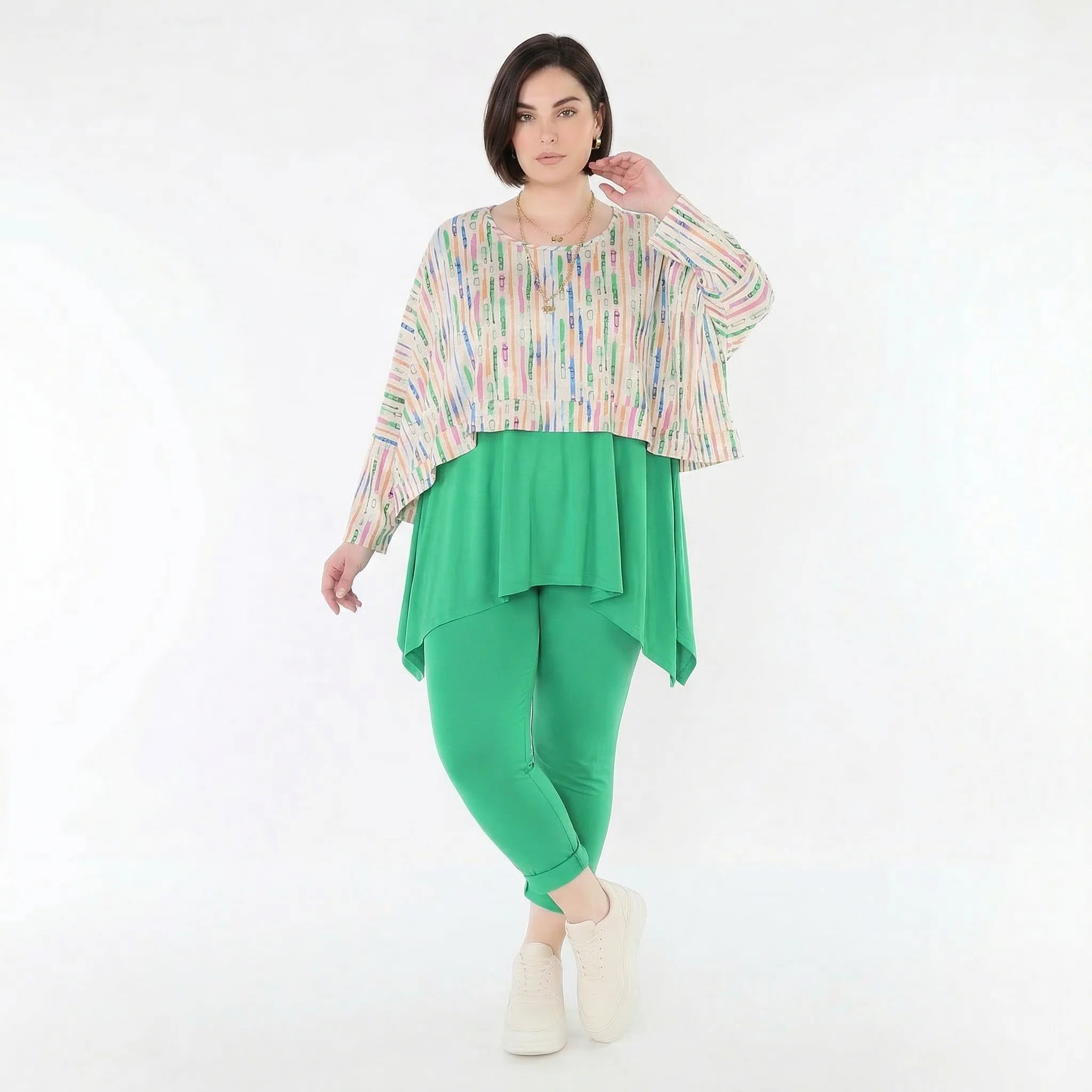 Ausgefallener Lagenlook Überwurf aus feinem Jersey im kastigen Oversize Style mit Pinselstrichmuster, Ecru/Fuchsia/Multi