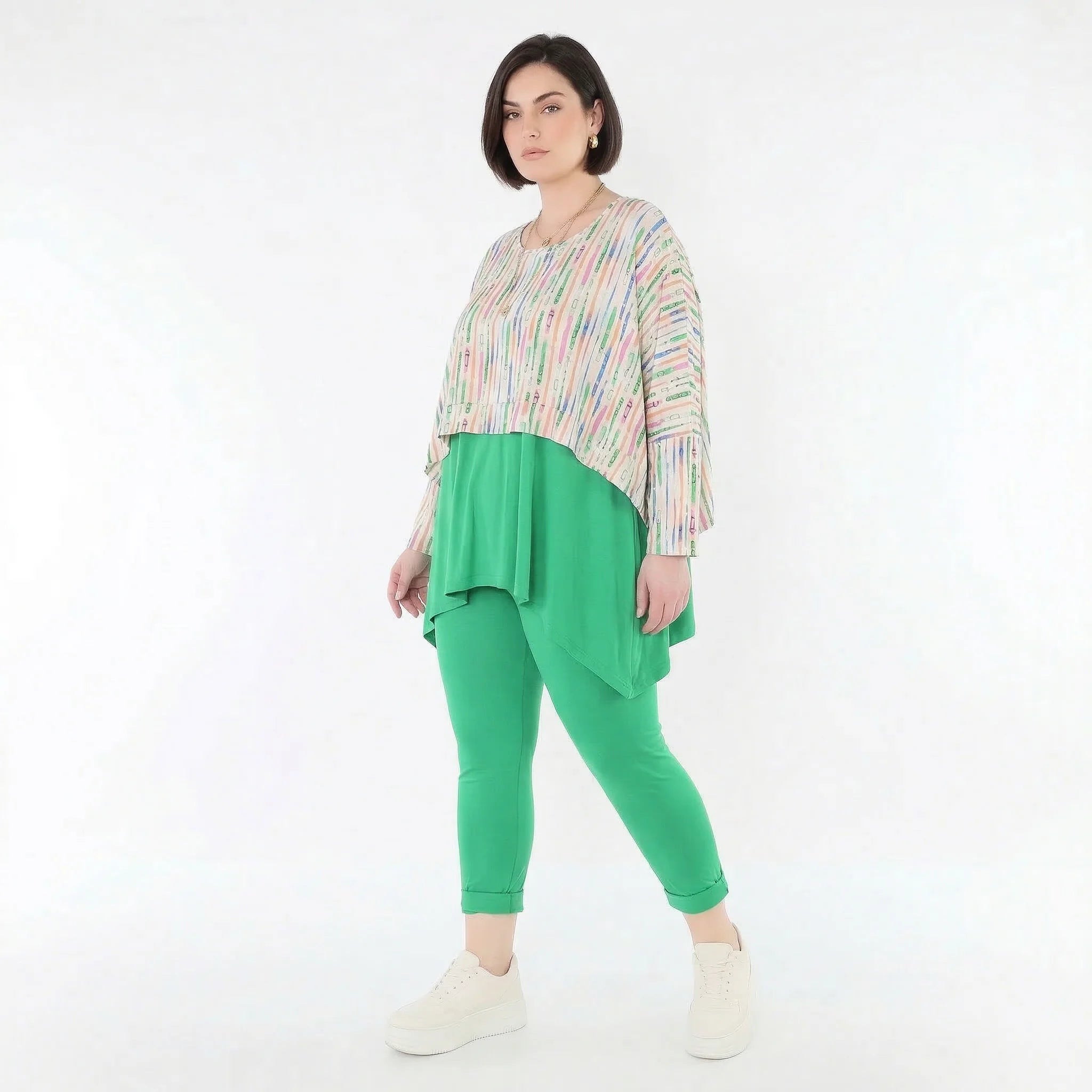 Ausgefallener Lagenlook Überwurf aus feinem Jersey im kastigen Oversize Style mit Pinselstrichmuster, Ecru/Fuchsia/Multi