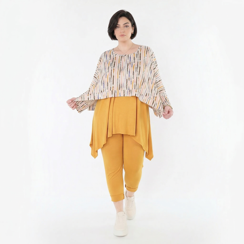 Ausgefallener Lagenlook Überwurf aus feinem Jersey mit weichem Stretch und Pinselstrichmuster, Ecru/Rosa/Multi