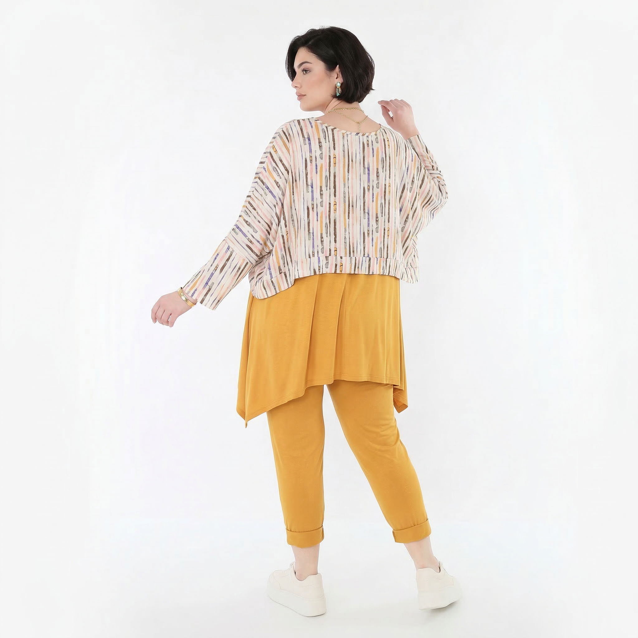 Ausgefallener Lagenlook Überwurf aus feinem Jersey mit weichem Stretch und Pinselstrichmuster, Ecru/Rosa/Multi