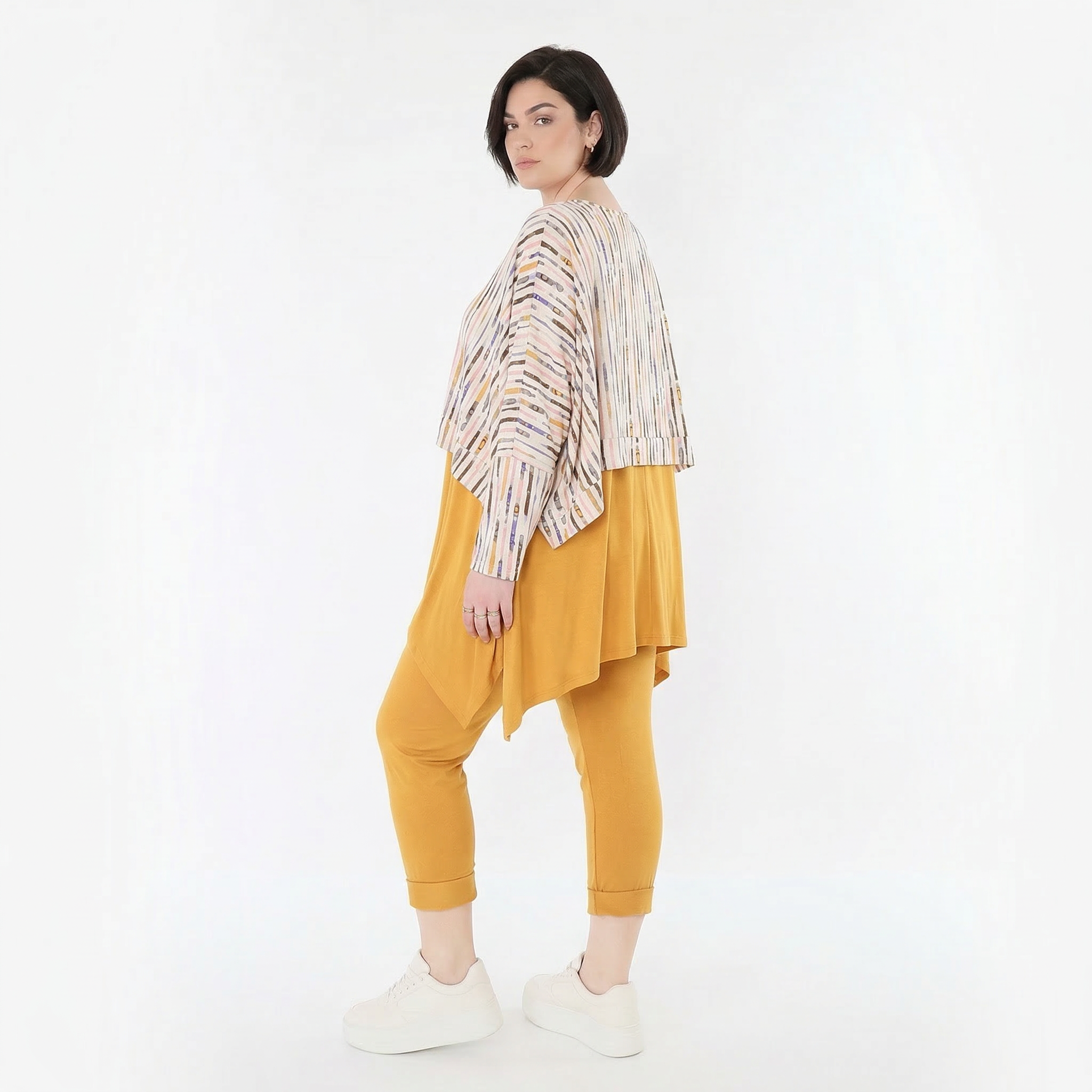 Ausgefallener Lagenlook Überwurf aus feinem Jersey mit weichem Stretch und Pinselstrichmuster, Ecru/Rosa/Multi