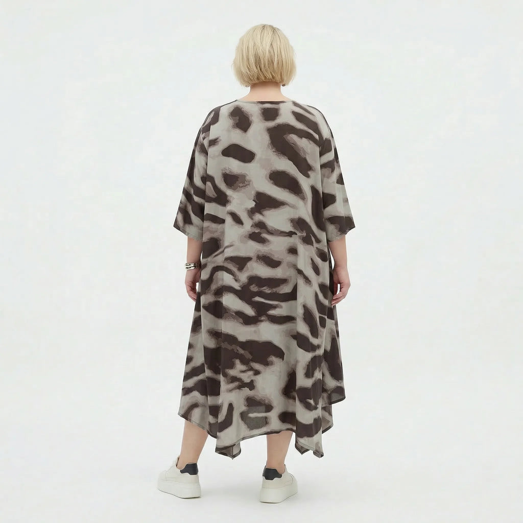 Ausgefallenes Ballon Kleid im modernen Lagenlook mit leicht fließender Silhouette, 3/4 Arm, Grau/Braun