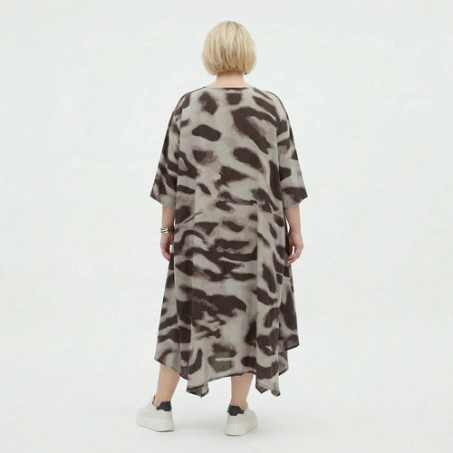 Ausgefallenes Ballon Kleid im modernen Lagenlook mit leicht fließender Silhouette, 3/4 Arm, Grau/Braun