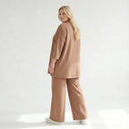 Palazzo Hose mit weitem Bein und ausgefallenem Jacquard Waffelmuster für lässigen Lagenlook, Cognac