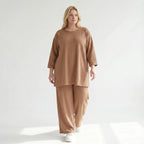 Palazzo Hose mit weitem Bein und ausgefallenem Jacquard Waffelmuster für lässigen Lagenlook, Cognac