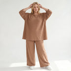 Palazzo Hose mit weitem Bein und ausgefallenem Jacquard Waffelmuster für lässigen Lagenlook, Cognac