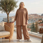 Palazzo Hose mit weitem Bein und ausgefallenem Jacquard Waffelmuster für lässigen Lagenlook, Cognac