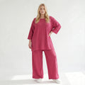 Ausgefallen legeres Oversize A-Form Shirt im soften fließenden Lagenlook mit Waffelstruktur, Fuchsia