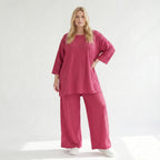 Ausgefallen legeres Oversize A-Form Shirt im soften fließenden Lagenlook mit Waffelstruktur, Fuchsia