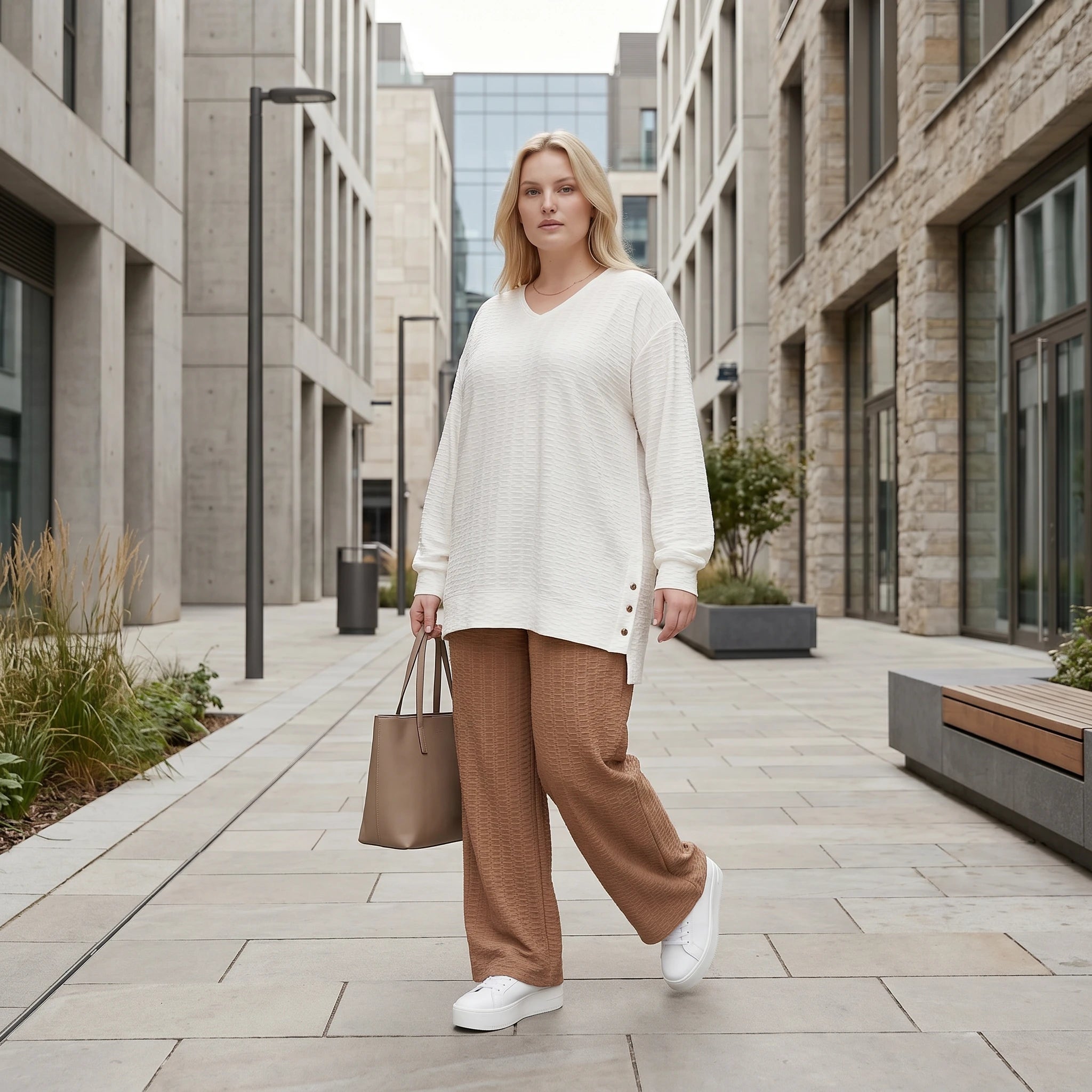 Ausgefallenes Oversize Shirt aus weich fließendem Jacquard mit Zierknöpfen und Strukturmuster, Weiß